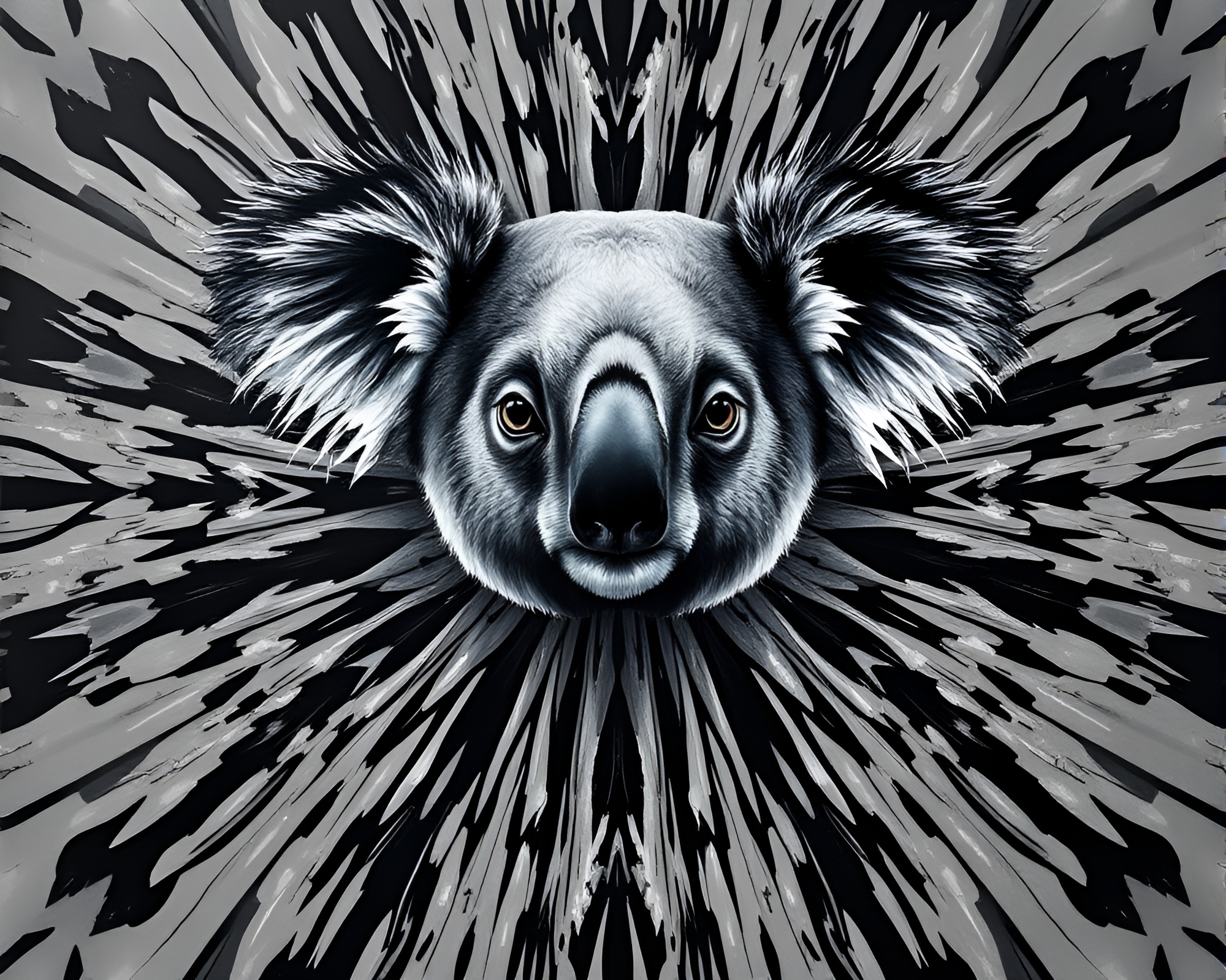 Symmetrical Koala Portrait in Graphite Gray Dripped Paint Style – free AI stock image
