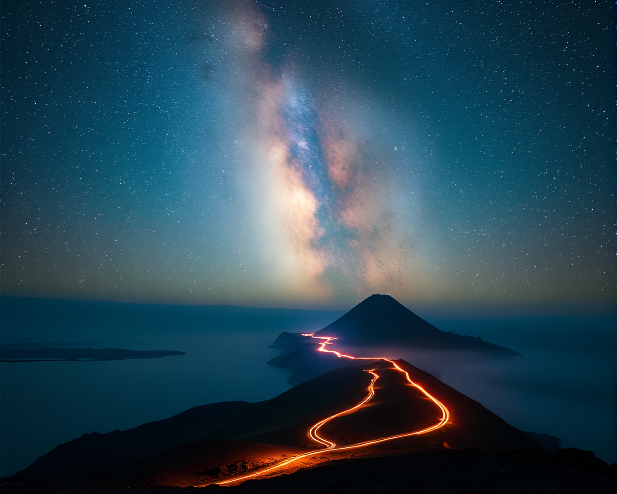 Luminous Car Light Trails on Volcanic Milky Way Island – free AI stock image