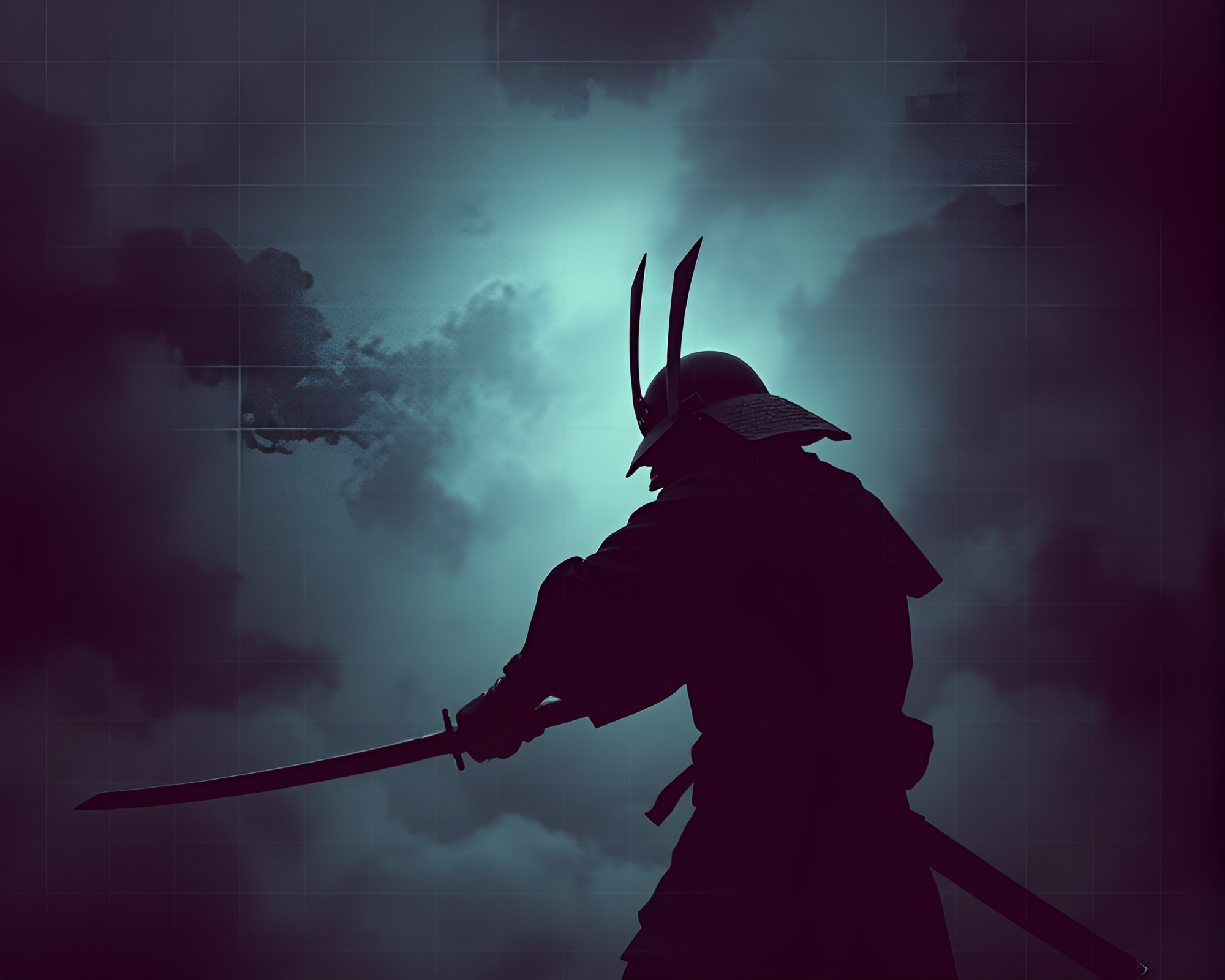Cubist Samurai Warrior: Grid Overlay Composition – free AI stock image