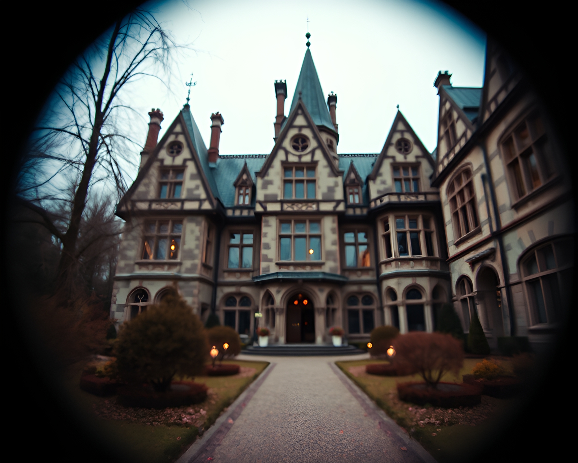 Neo-Gothic Mansion Split Focus Macro Photography – free AI stock image