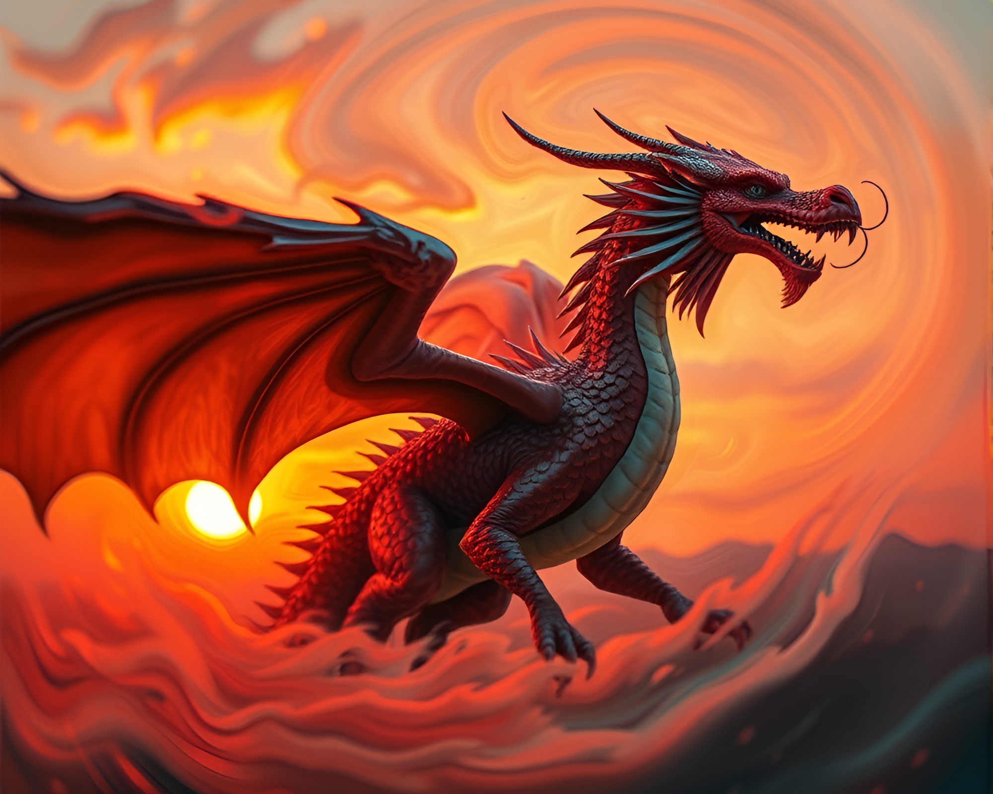 Dragon in Lens-Distorted Sunset Swirls – free AI stock image