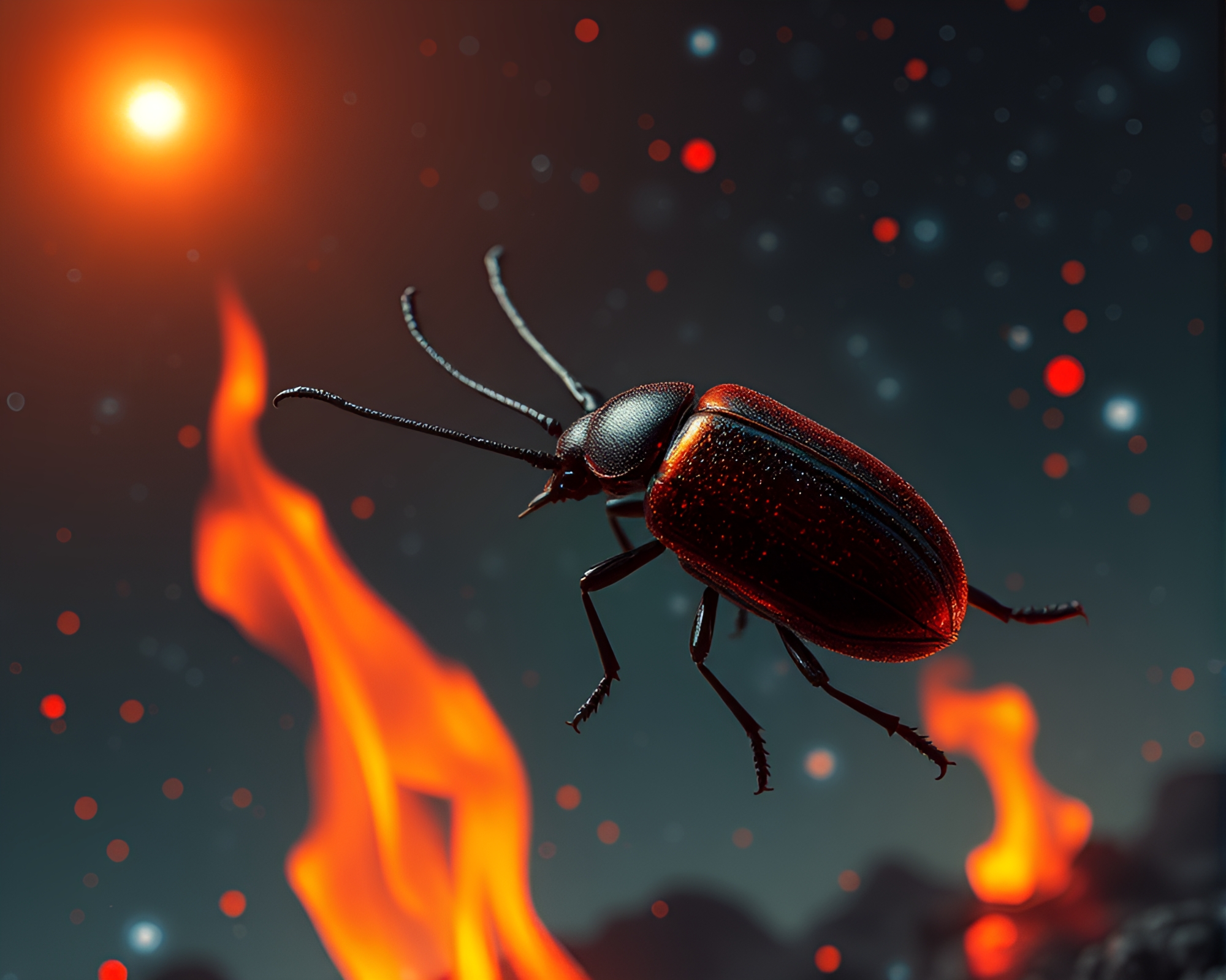 Floating Embers Beetle Amid Cybernetic Starlit Sky – free AI stock image