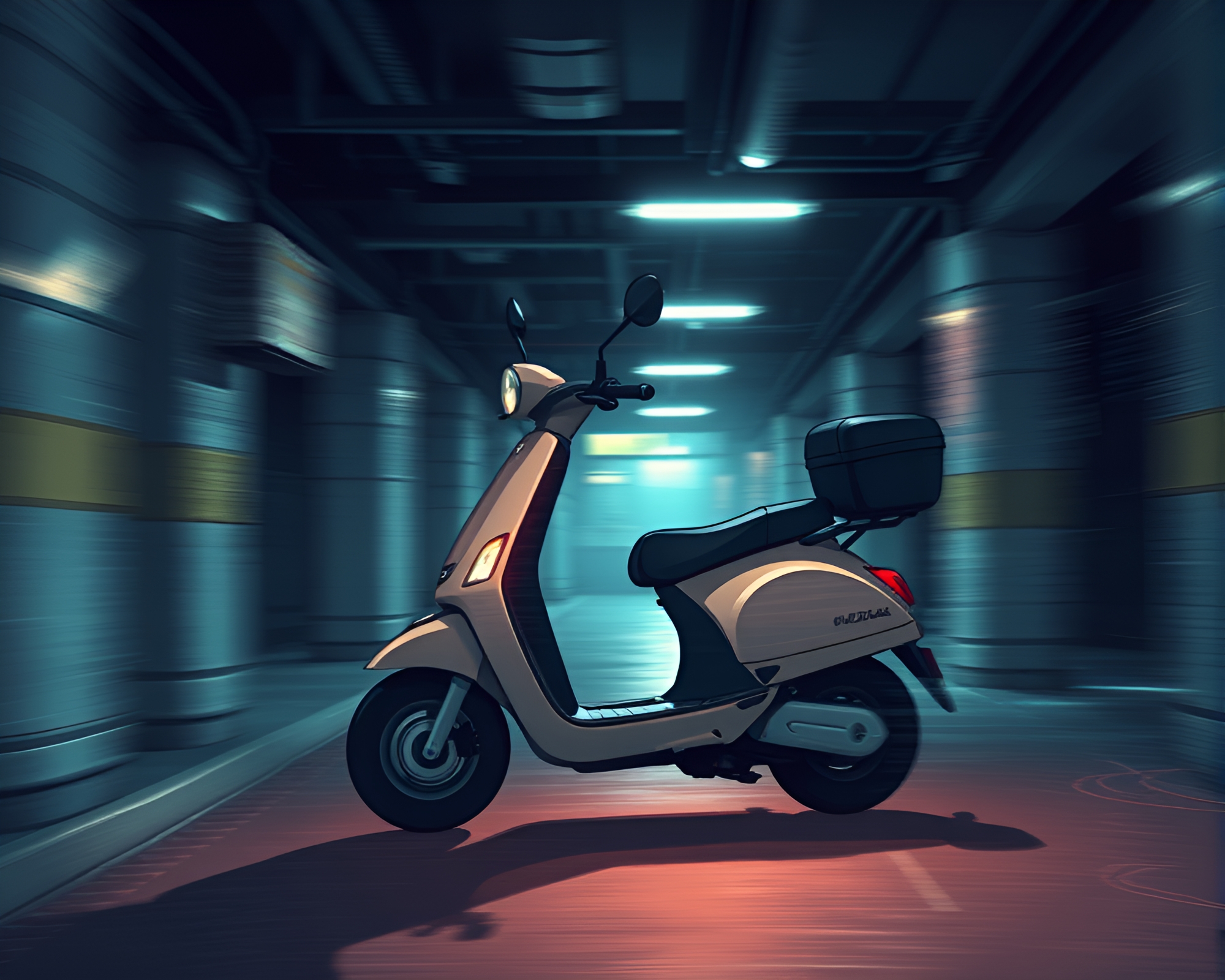 Electric Scooter Zooms Through Gloomy Basement with Cartoony Style – free AI stock image