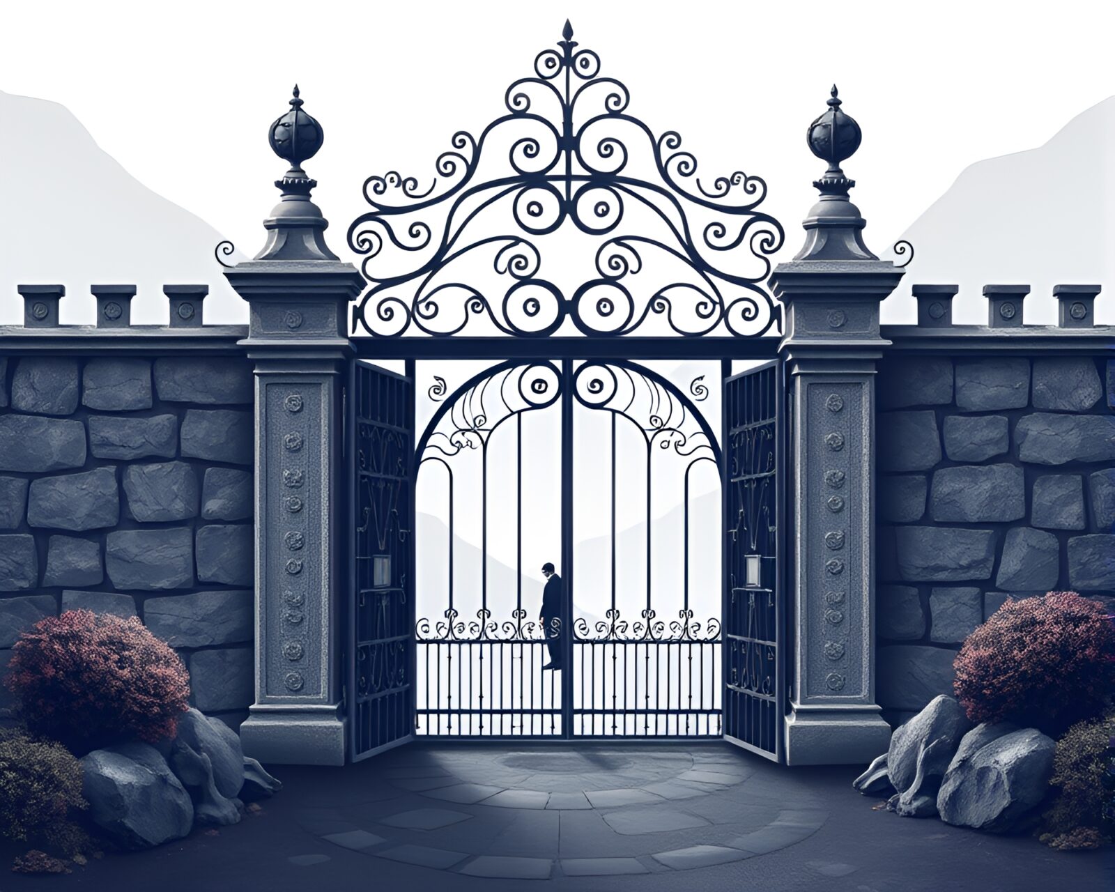 Isometric illustration of a center composition wrought iron gate in volcanic ash tones