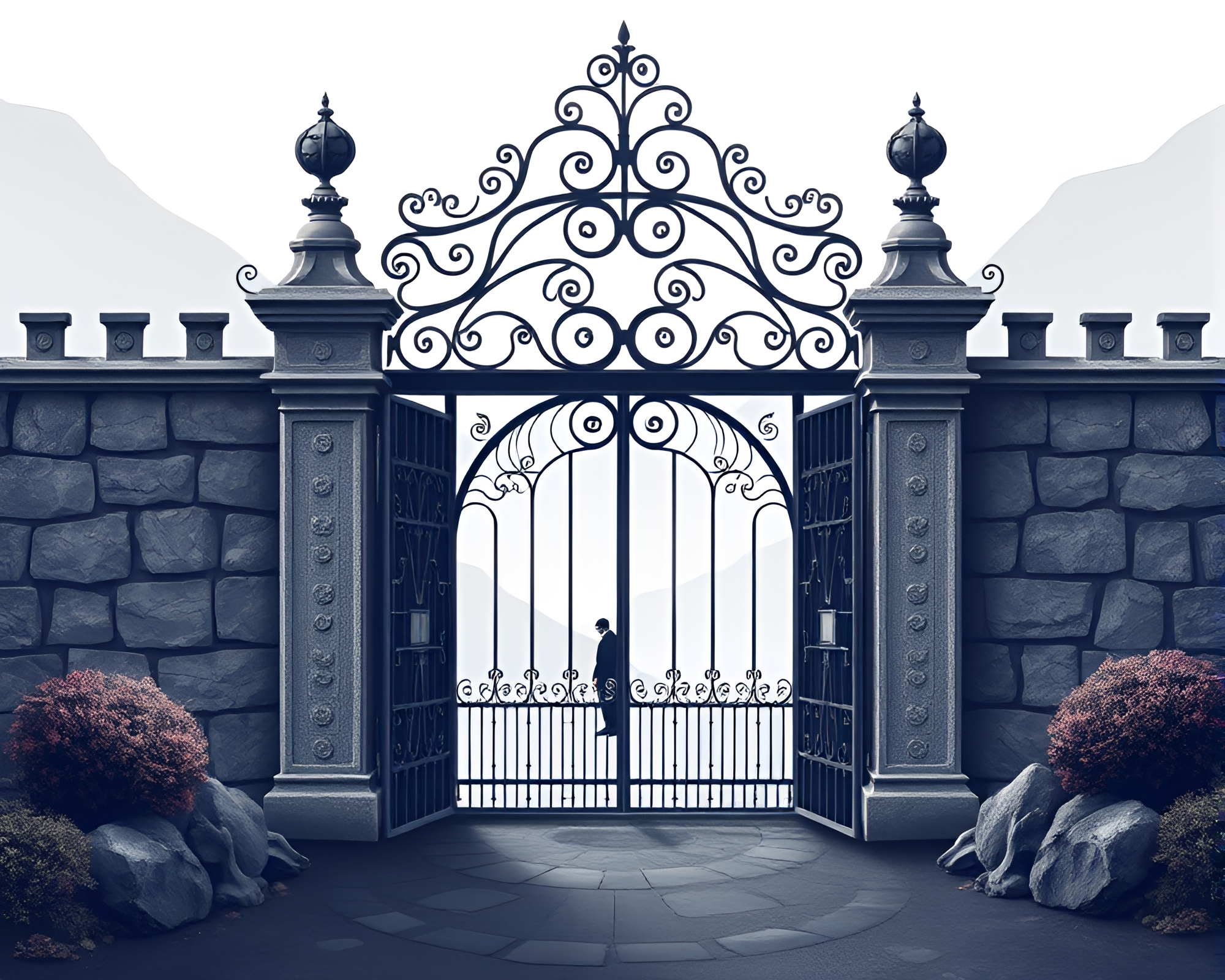 Forged Iron Gate in Volcanic Ash Landscape – free AI stock image