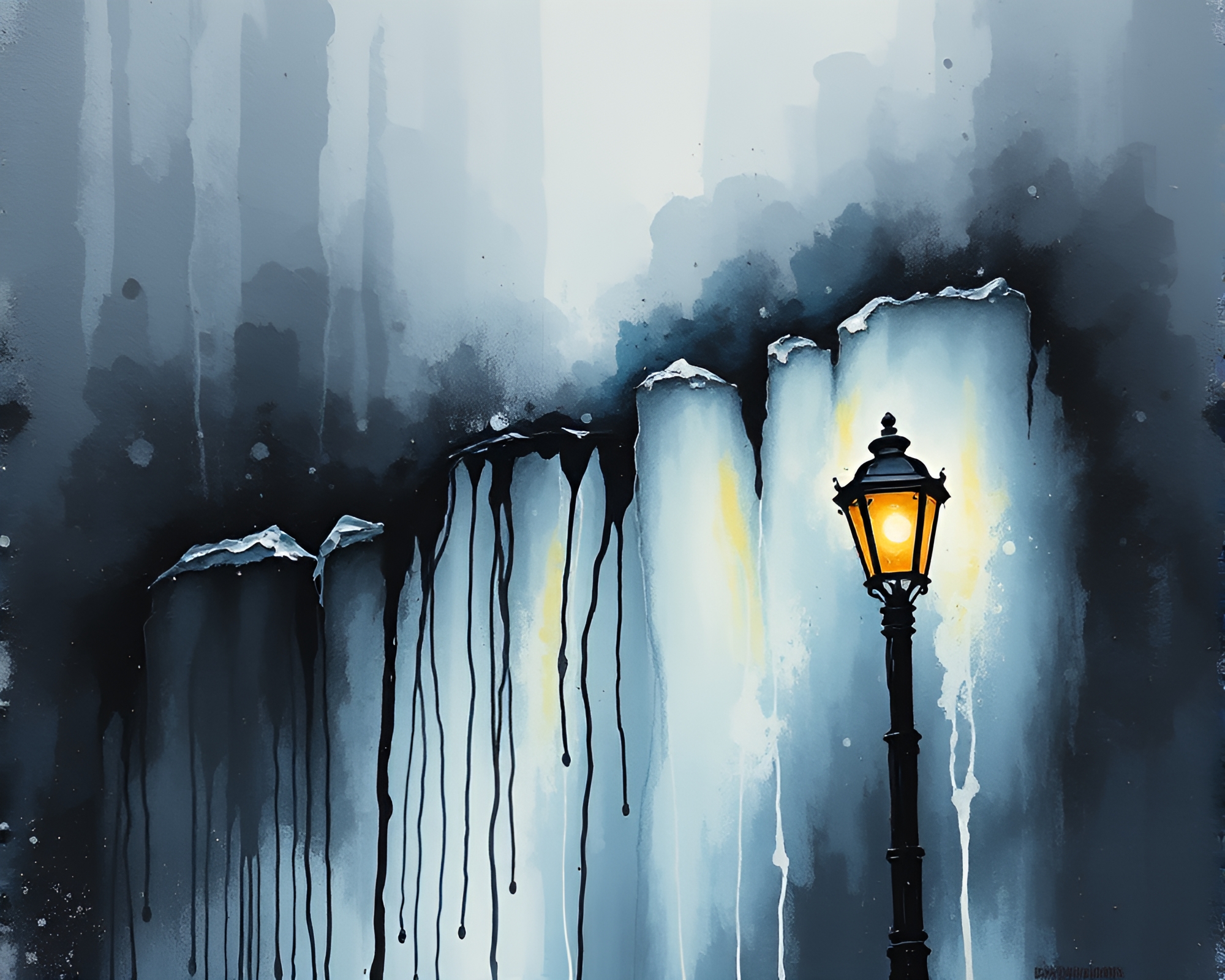 Glacial Streetlamp Glow in Mixed Media Ink Wash – free AI stock image