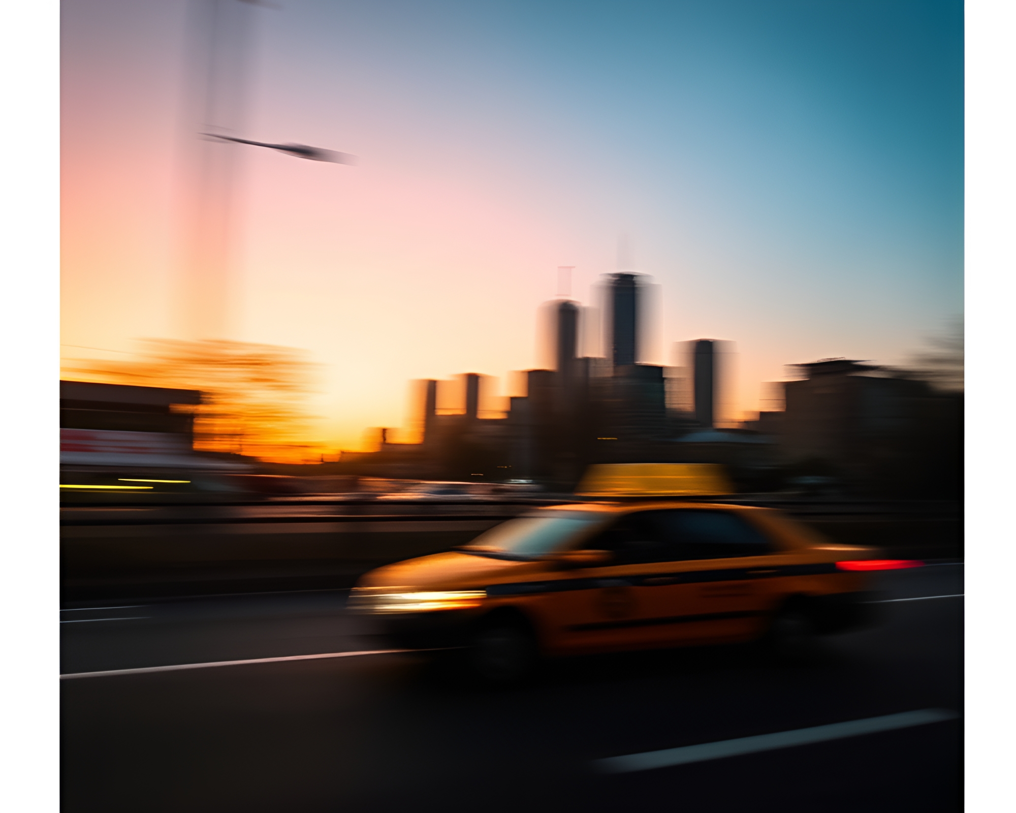 Urban Shield: Taxi Sunset Blurred Skyline Contrast – free AI stock image