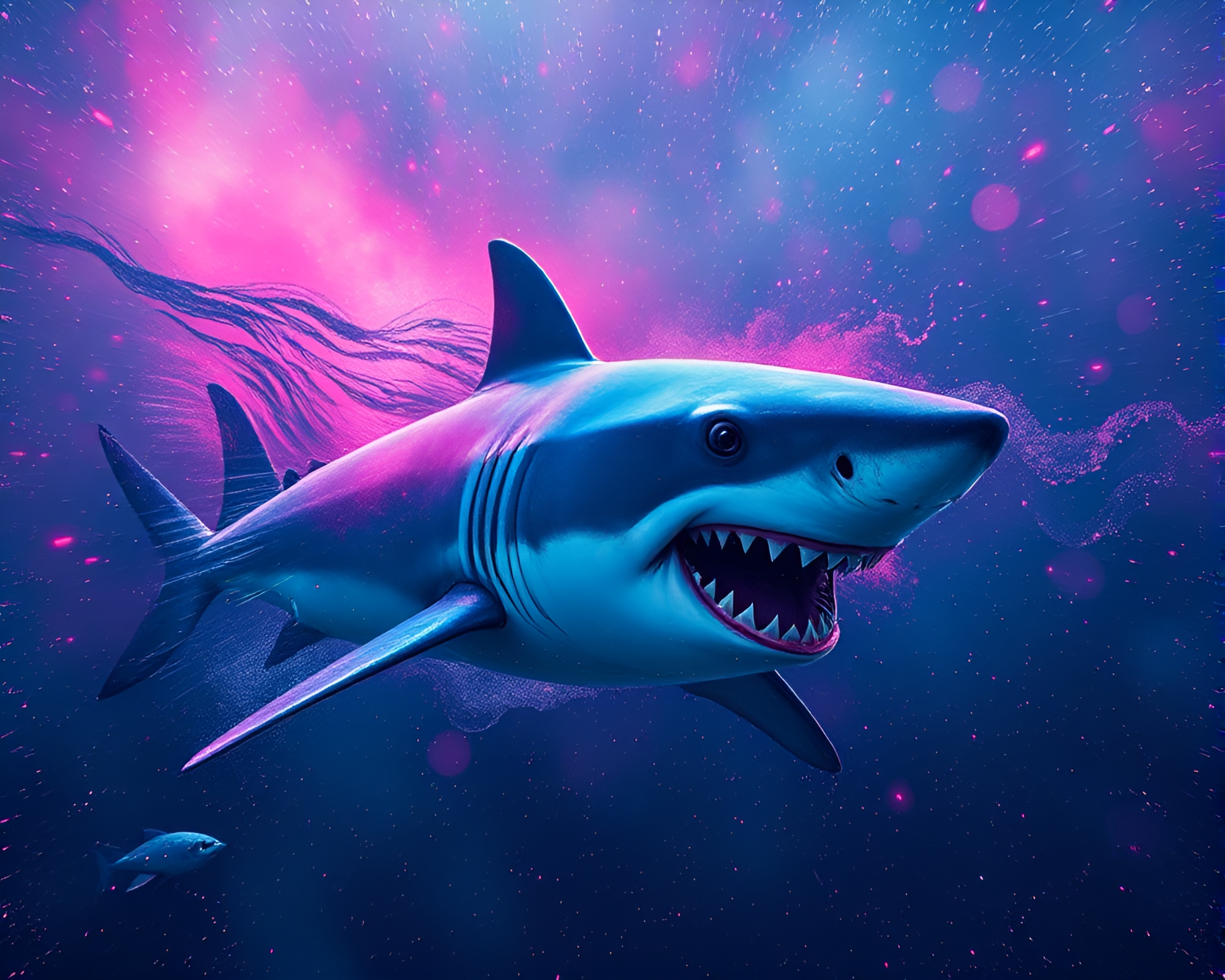 Synthwave Shark in Cosmic Dust Landscape Composition – free AI stock image