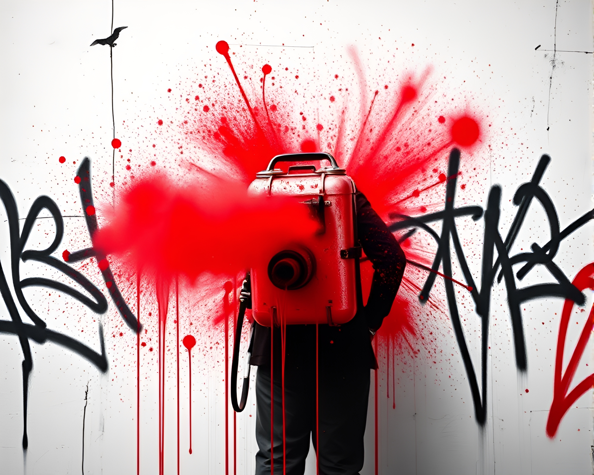 Futuristic Jetpack Rider in Monochrome Red Spray Paint Graffiti – free AI stock image