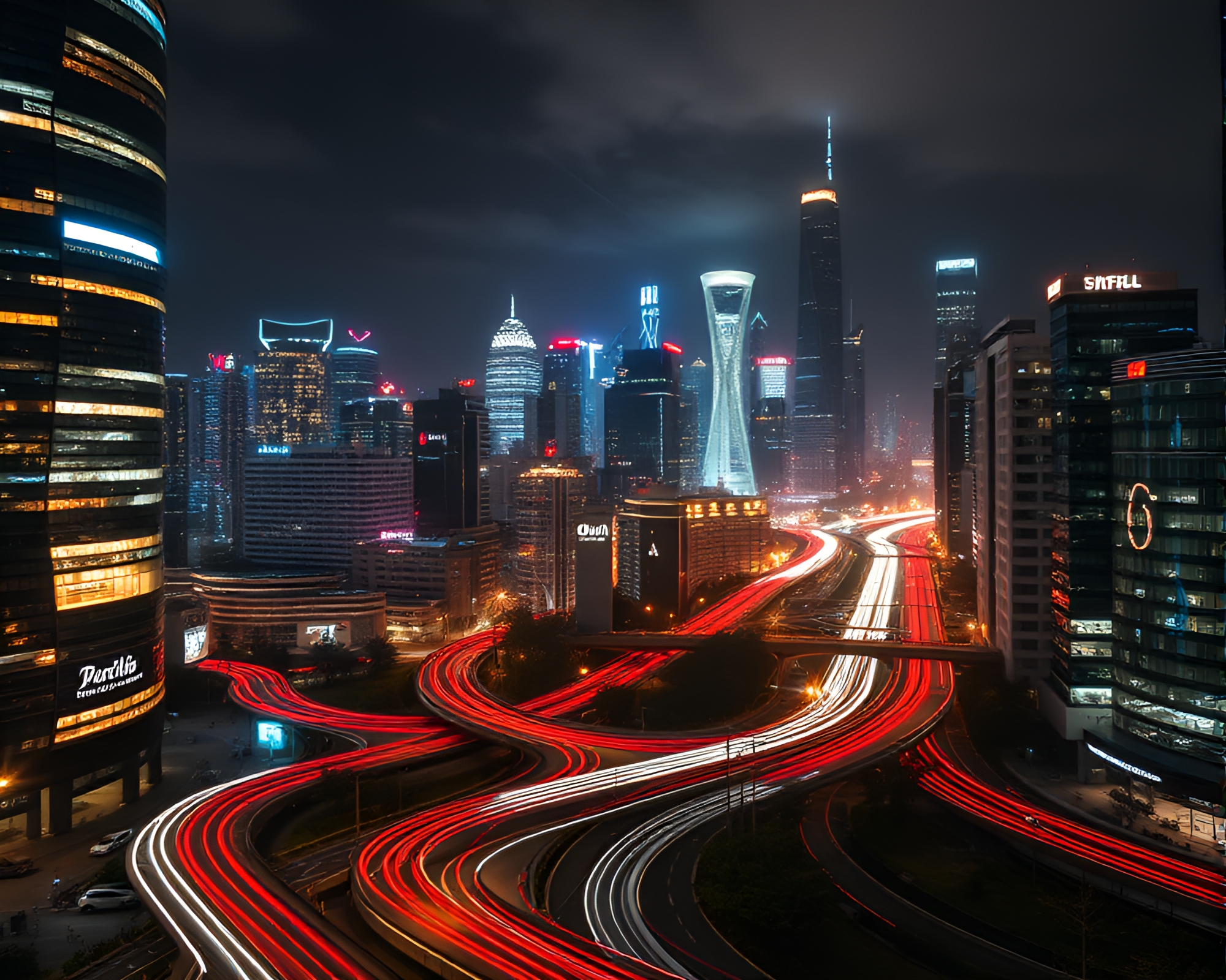 Futuristic Cityscape with Dynamic Light Trails – free AI stock image