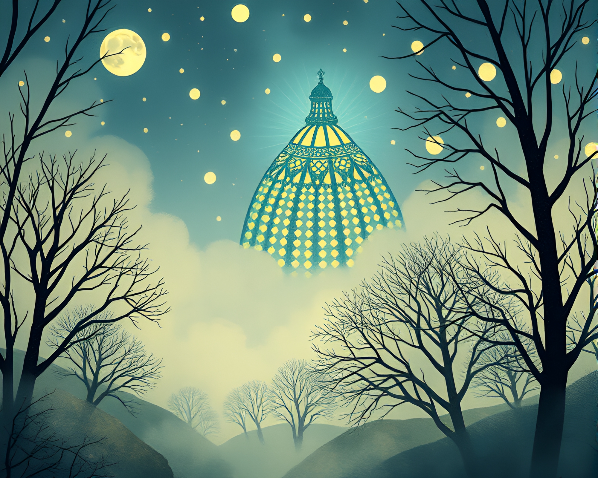 Whimsical Stained Glass Dome in Foggy Children’s Book Scene – free AI stock image