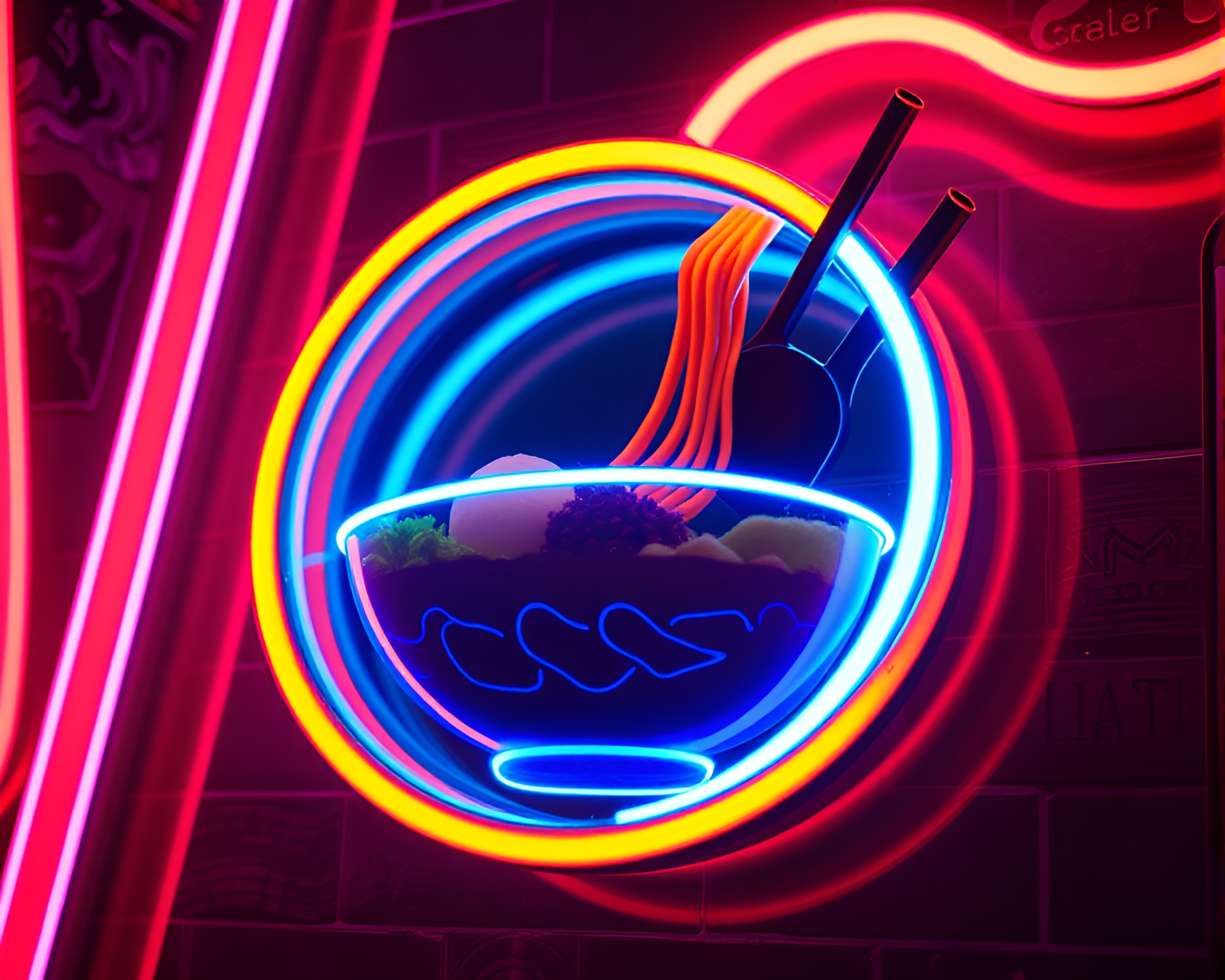 Maximalist Neon Ramen Bowl with Light Leaks – free AI stock image