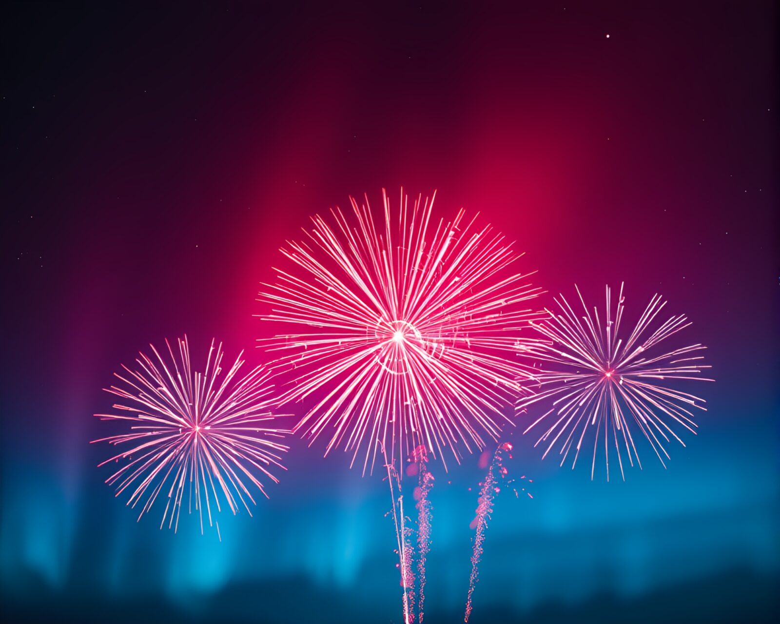 Spectacular aurora borealis intertwining with colorful fireworks display