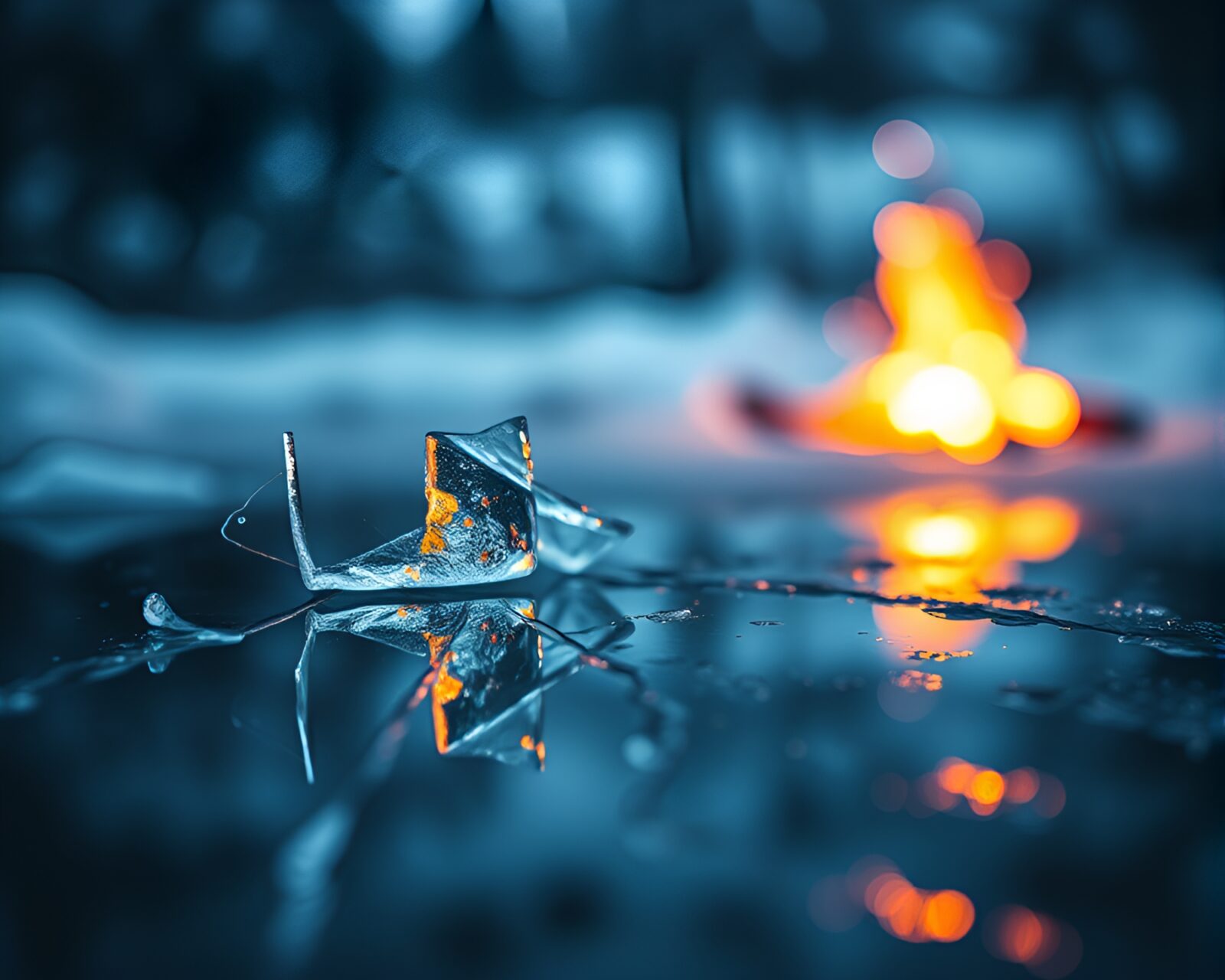 Sacred ice reflections with warm bonfire light and bokeh