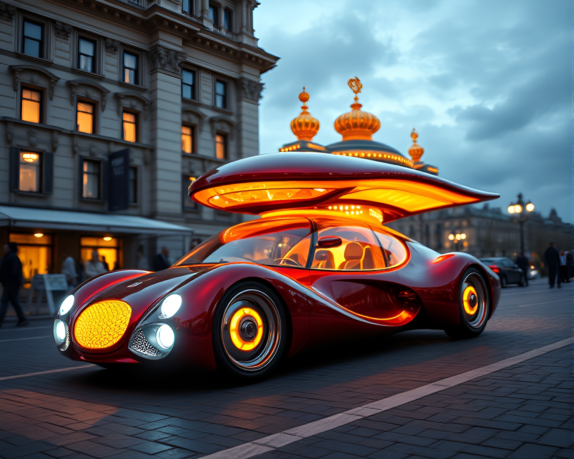 Futuristic Hover Car in Opera-House Glow – free AI stock image