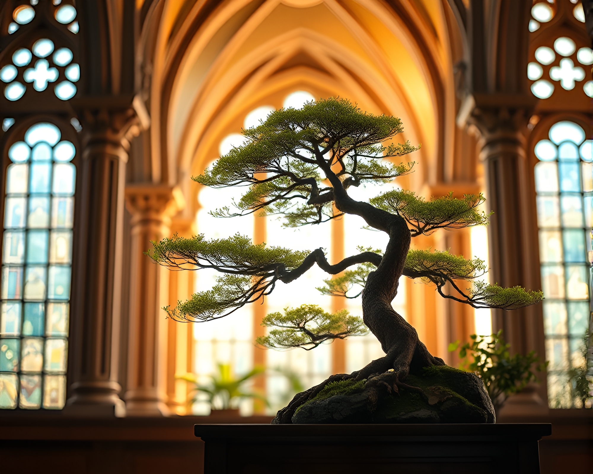 Breathtaking Bonsai: Stained Glass Cathedral Photography Composition – free AI stock image