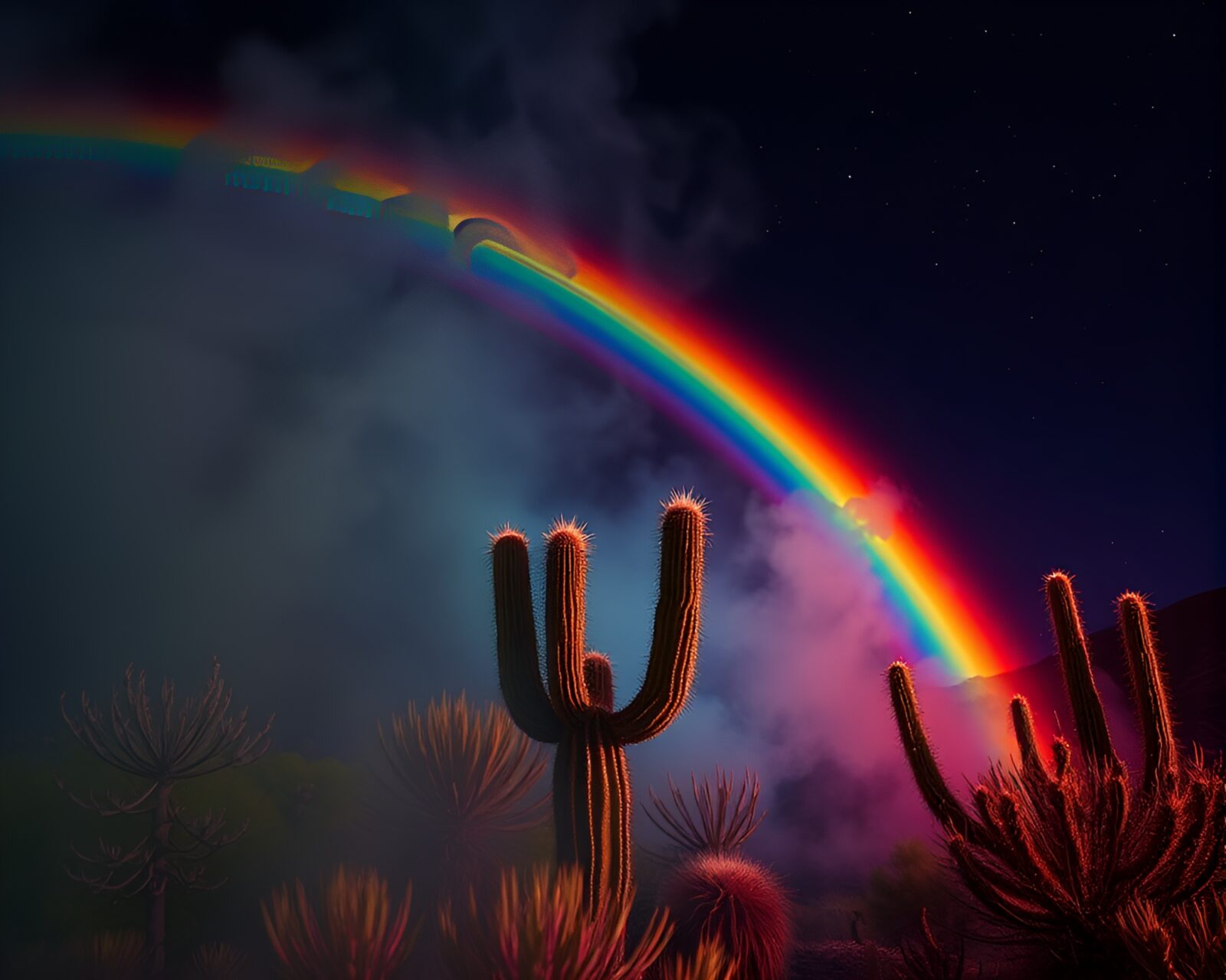 Colorful cactus surrounded by iridescent mist and rainbow light