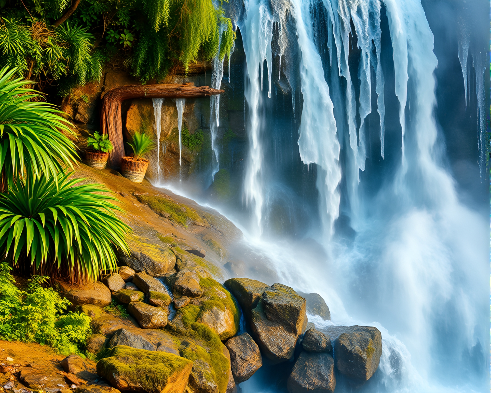 Tropical Waterfall with Ice Crystals in Misty Light – free AI stock image