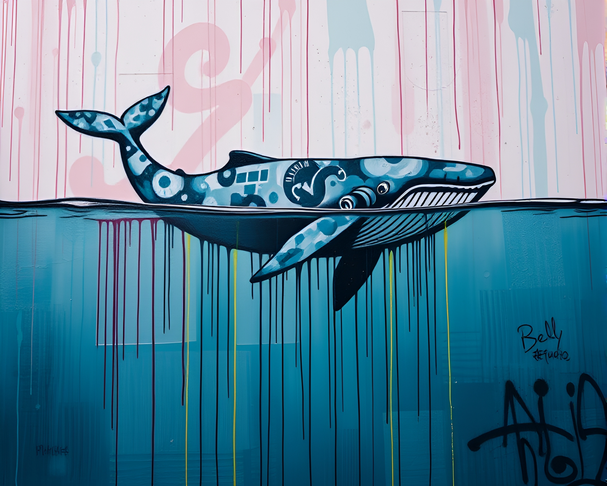 Whale submerged in dreamy graffiti drips – free AI stock image