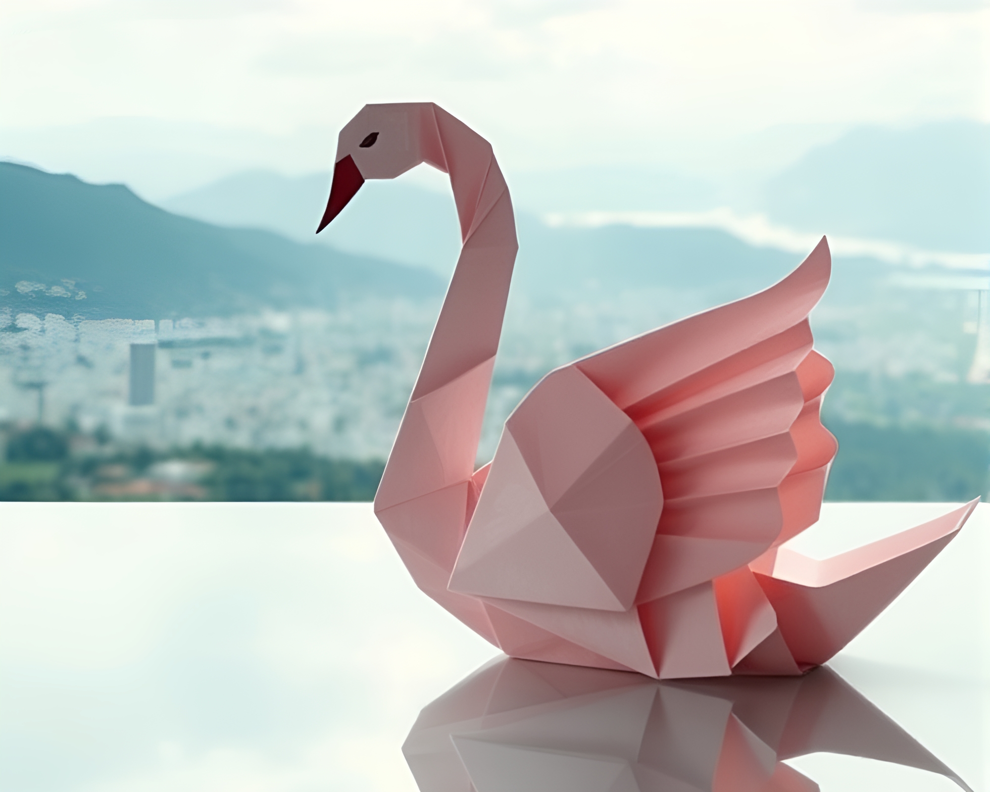 Surreal Origami Swan Photocollage Panoramic View – free AI stock image
