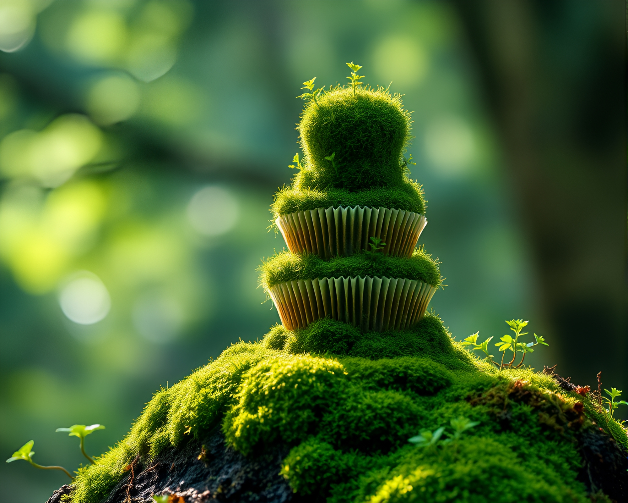Mossy Cupcake Tower with Emerald Green Highlights – free AI stock image