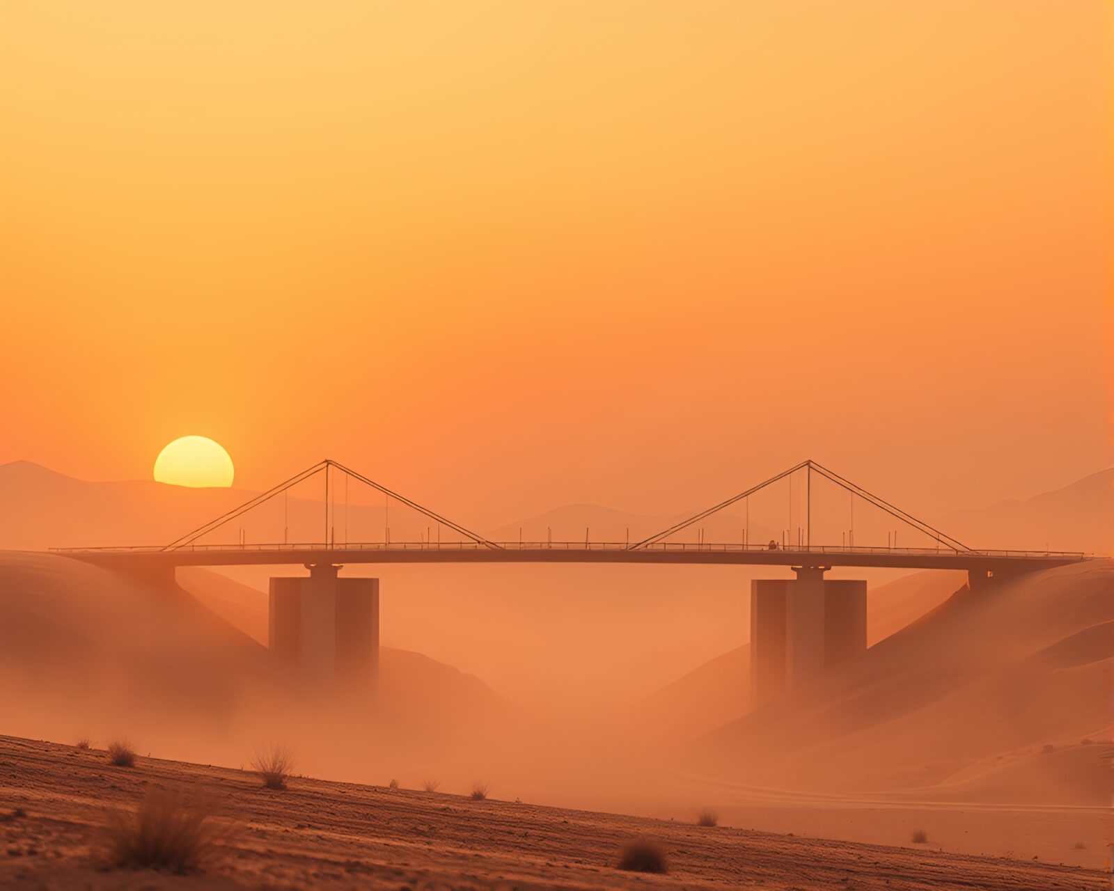 Ethereal glass bridge over desert sands at sunset.