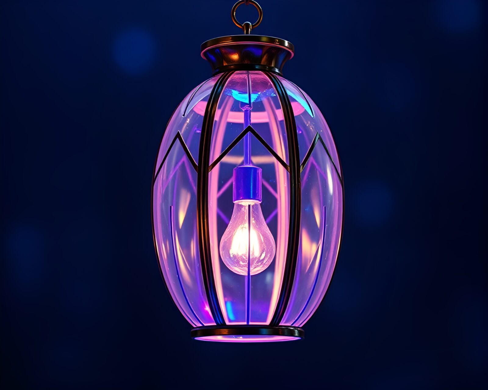 Wireframe lantern casting colorful hues in iridescent soap film