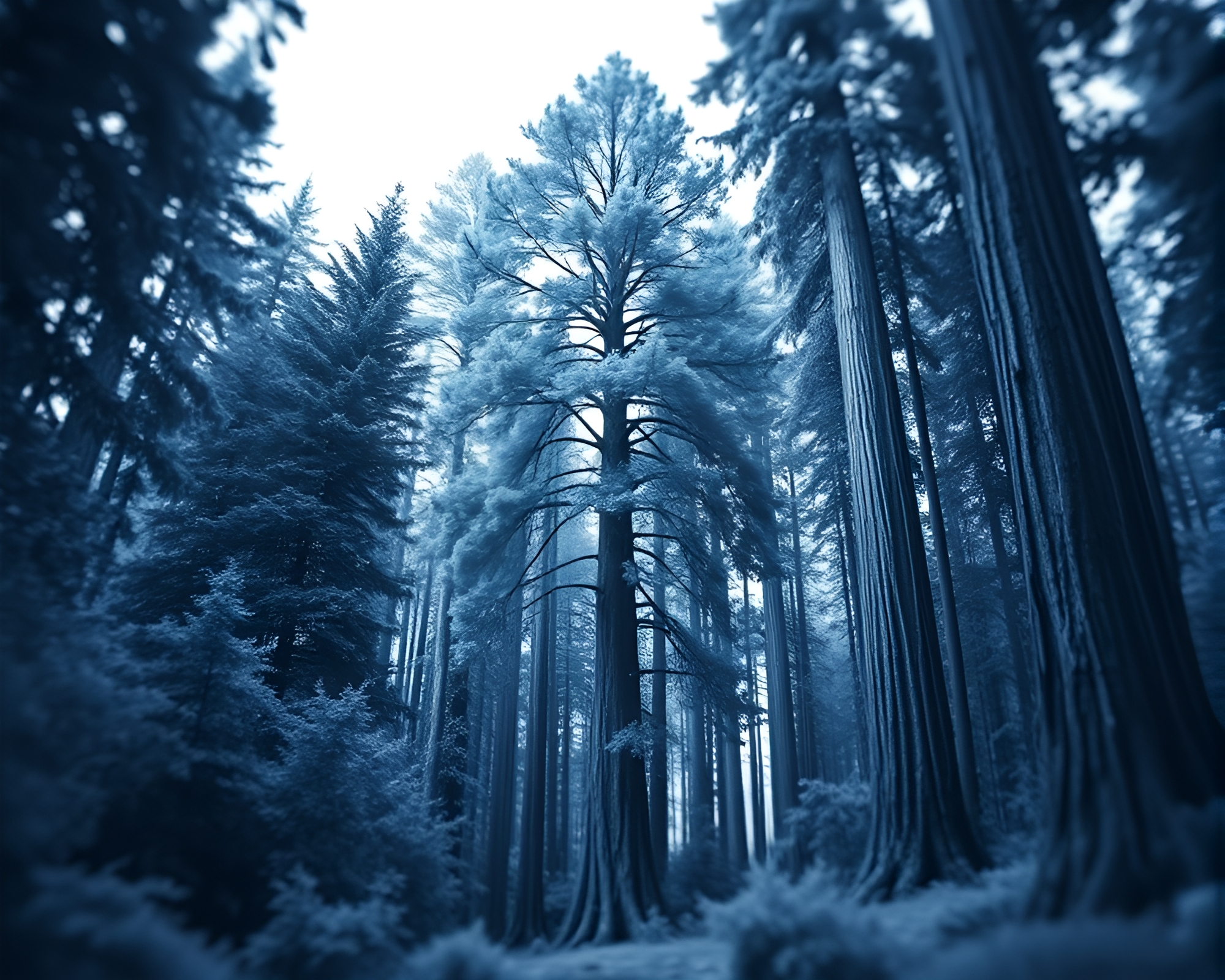 Majestic Redwood Tree in Monochrome Blue Stop-Motion Animation – free AI stock image