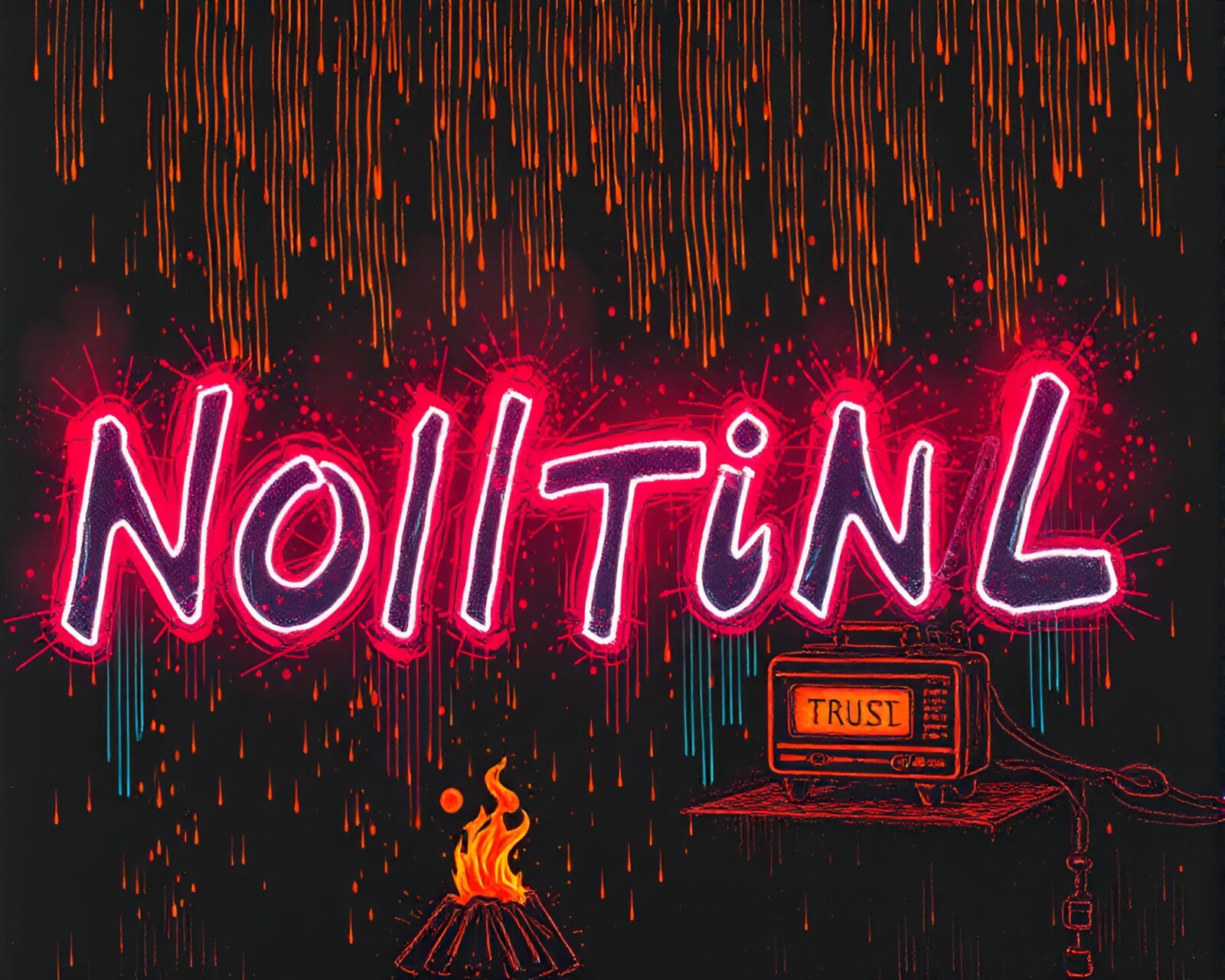 A futuristic scene with floating embers and Morse code graffiti.