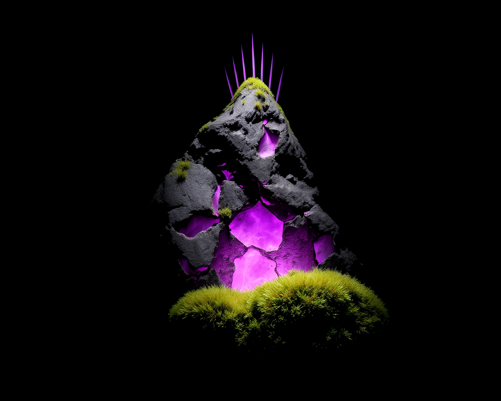 Moss-Covered Rock Backlit with Amethyst Flare Stencil Art – free AI stock image