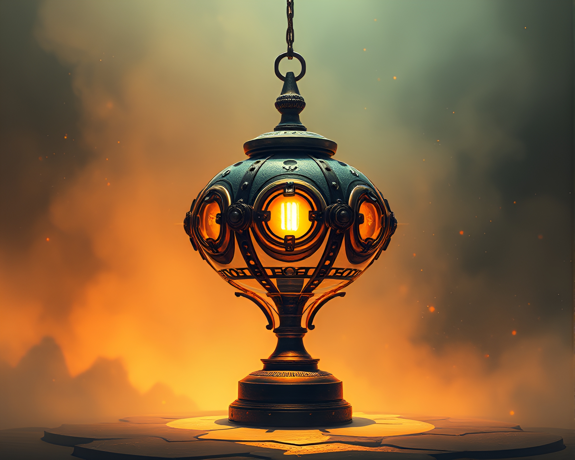 Bronze Patina Lamp in Futuristic Dreamy Haze Illustration – free AI stock image