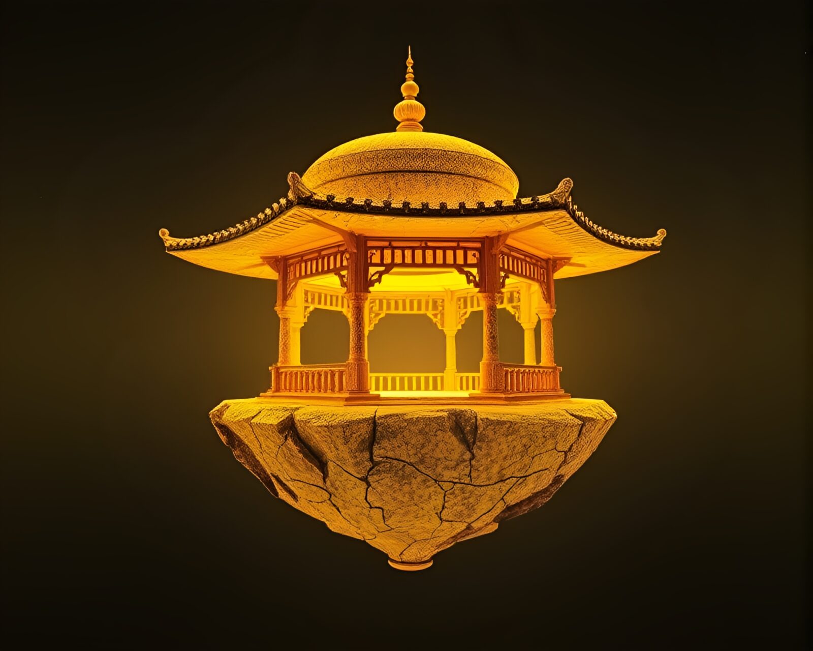 Abstract glitch art of pavilion floating over cracked yellow earth