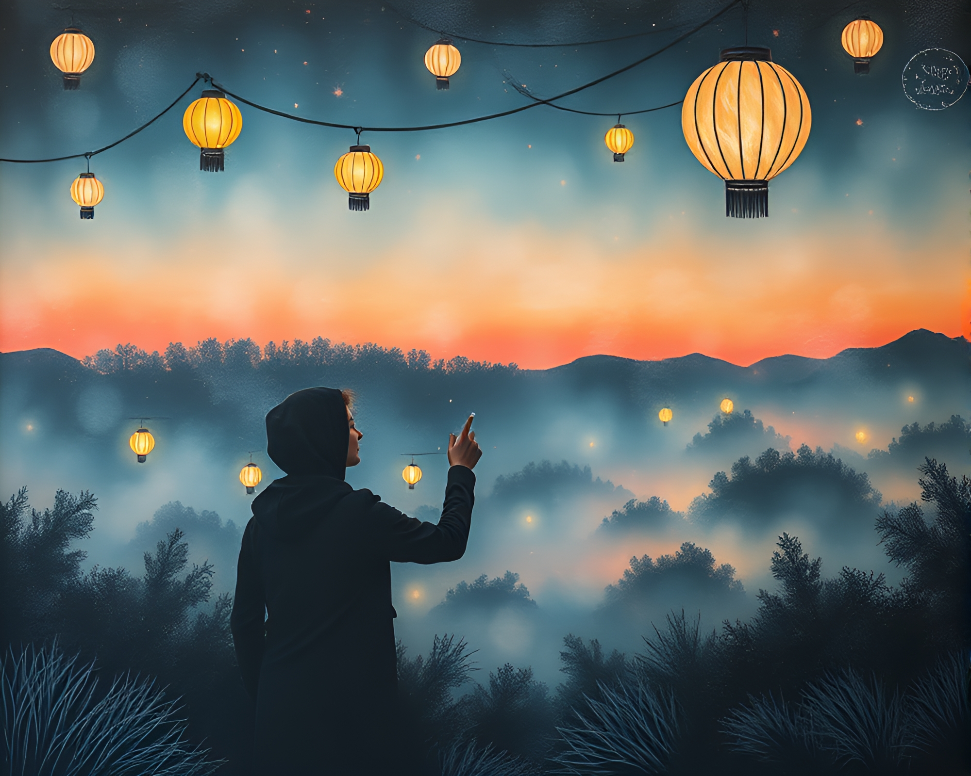 Mural of Paper Lanterns in Misty Chalk – free AI stock image