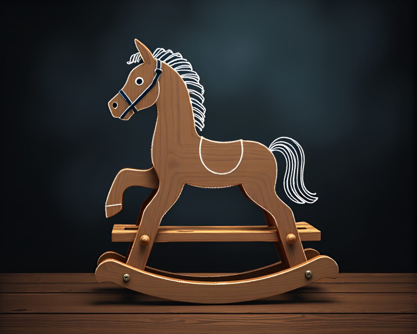 Pixelated light illuminates chalkboard drawing of wooden rocking horse