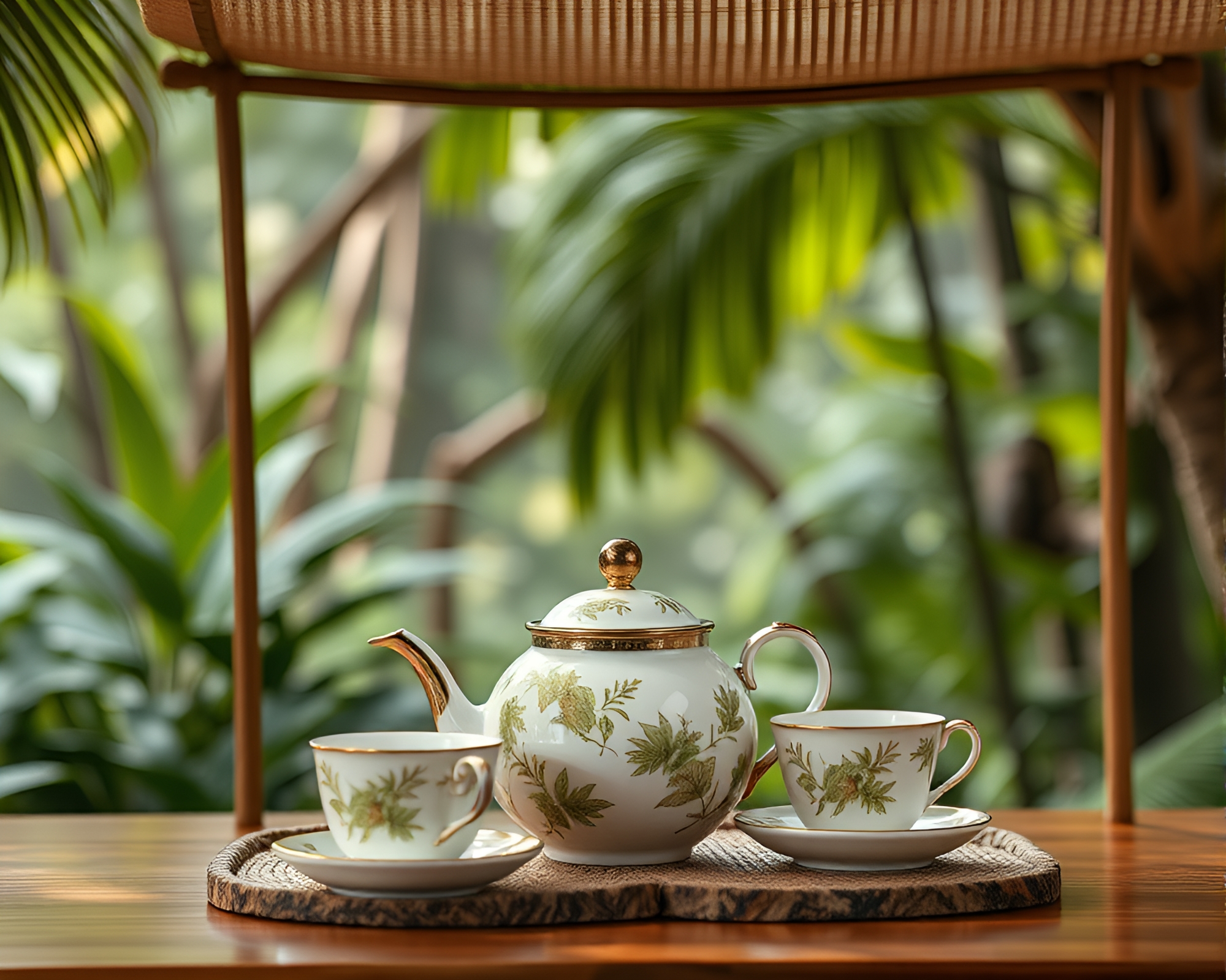 Tea Set in Manga Jungle Canopy Shade Scene – free AI stock image