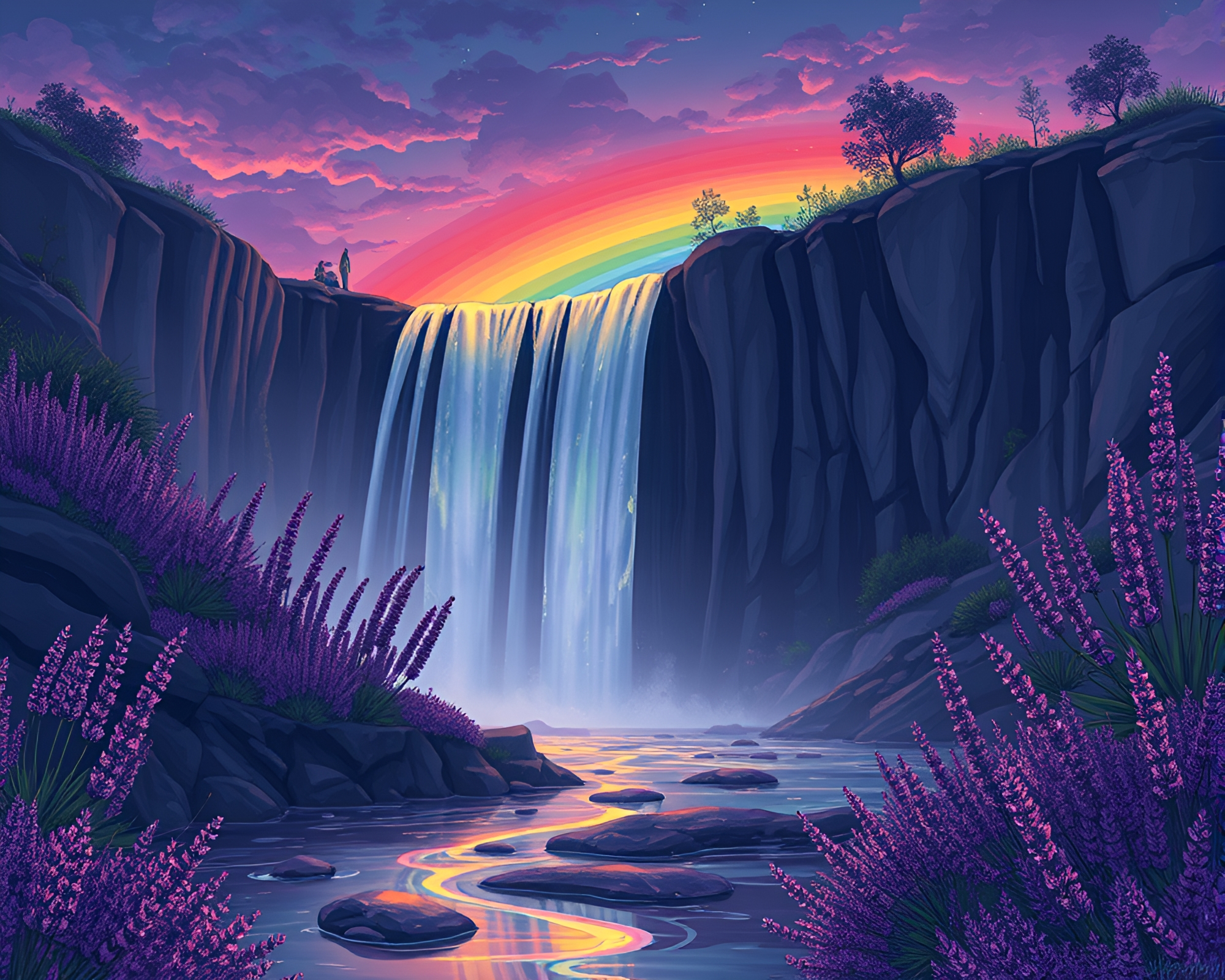 Steampunk Waterfall Reflecting Lavender Twilight Oil Slick Rainbow – free AI stock image