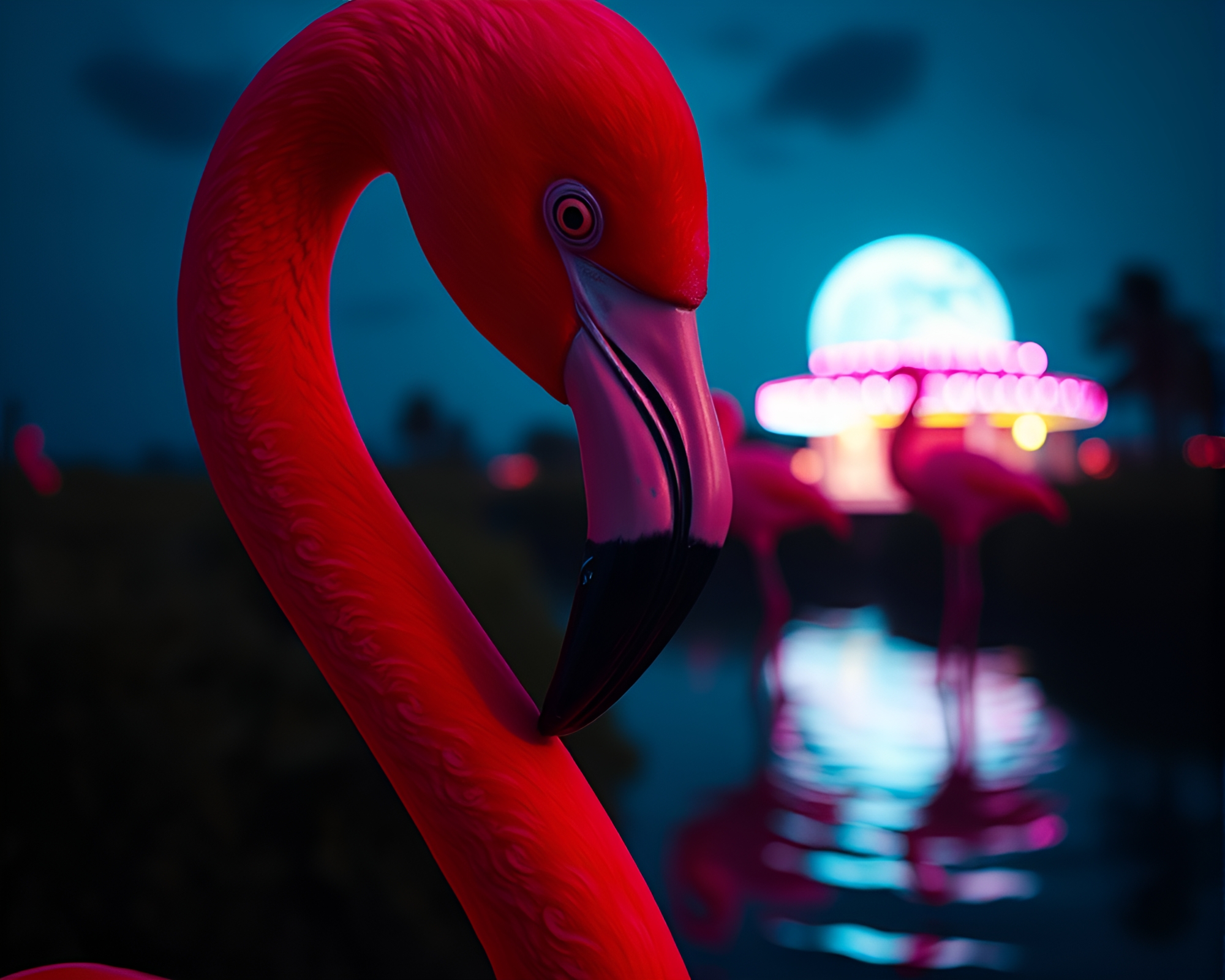 Vaporwave Flamingo Close-Up in Moonlight – free AI stock image