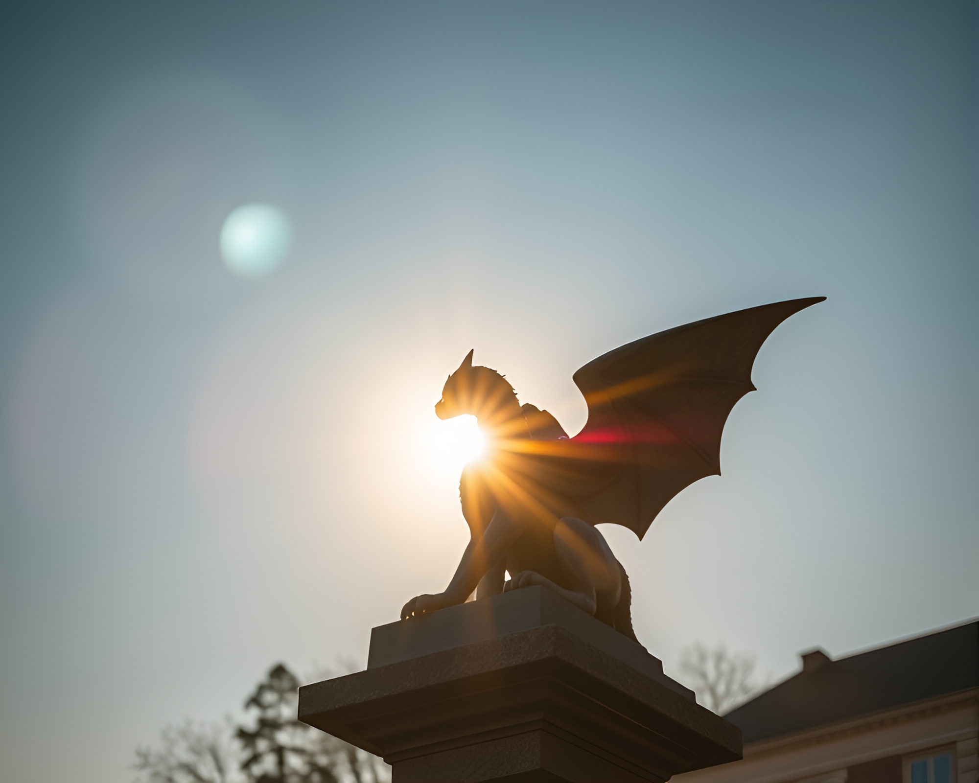 Morning Sunlight on Tilted Gargoyle Statue – free AI stock image