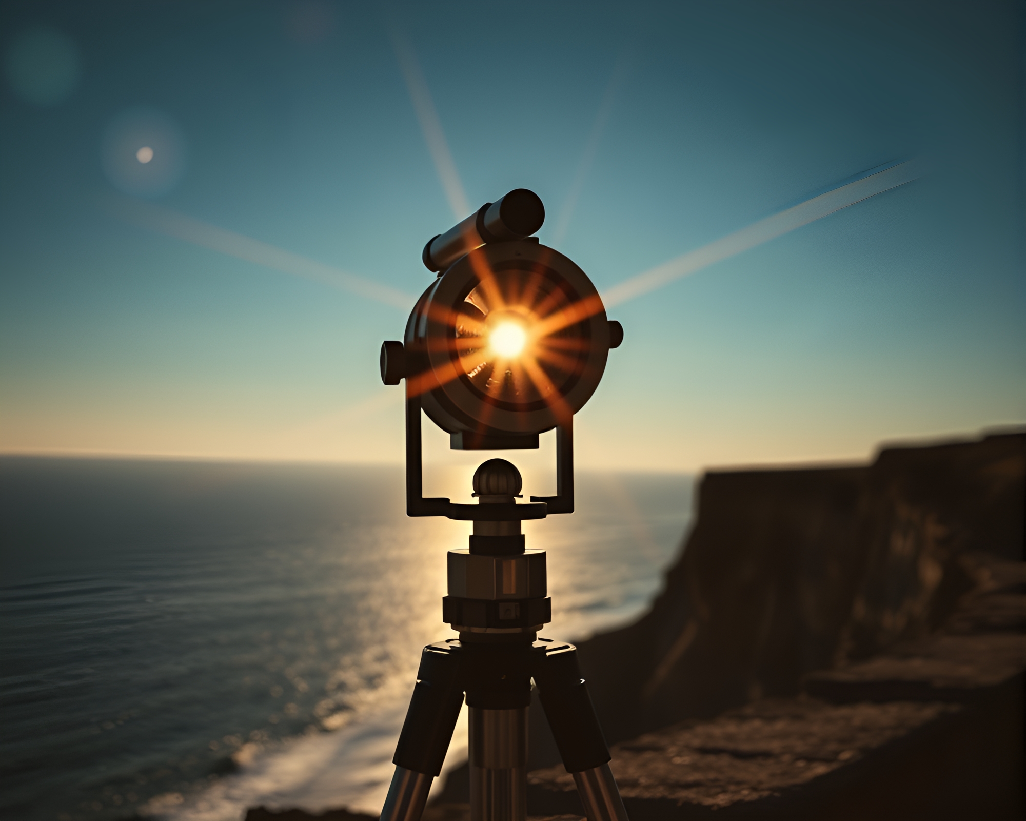 Vintage Telescope Gazing at Neon Cliffside Lens Flare – free AI stock image