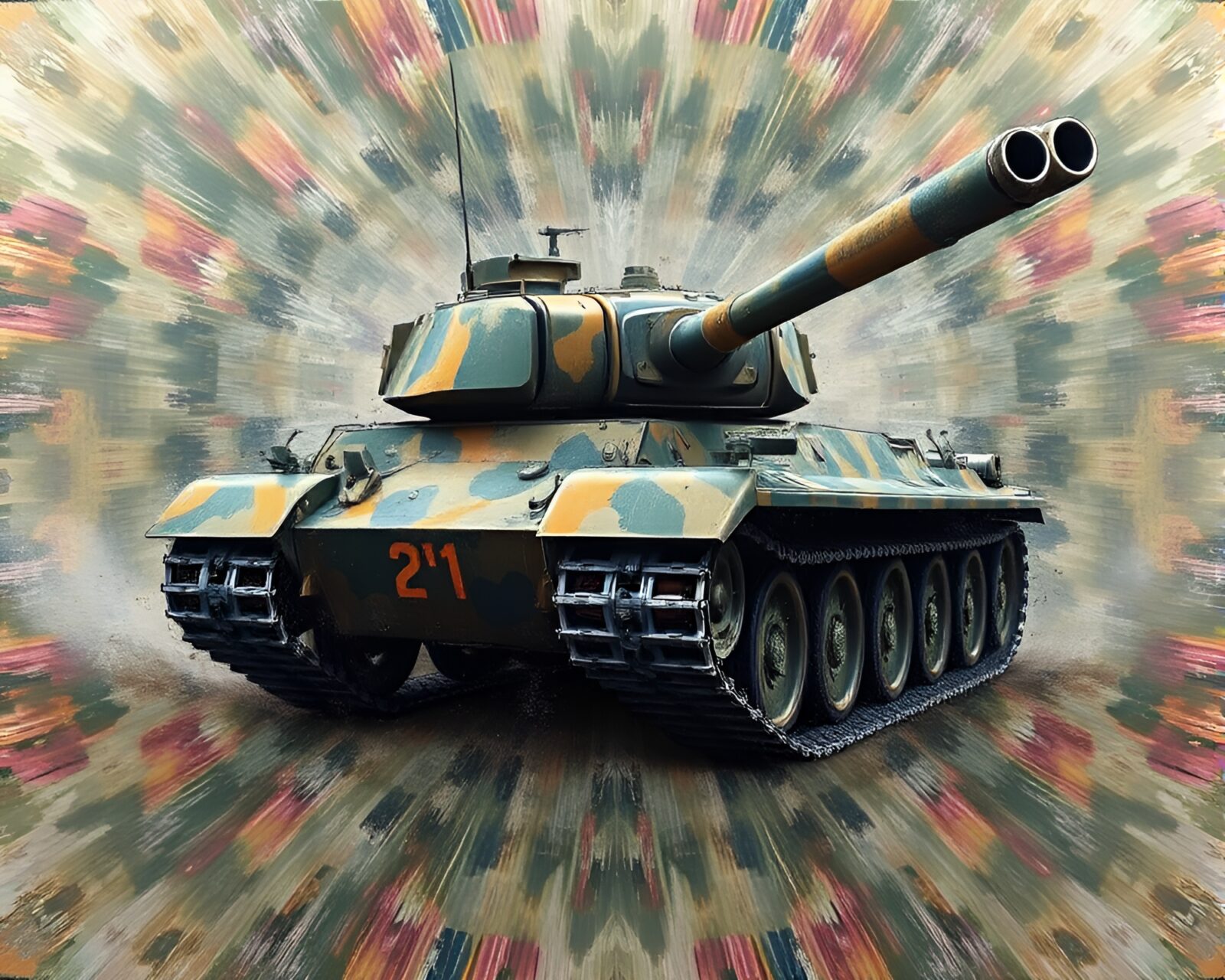 Abstract oil painting of armored tank in colorful, chaotic setting