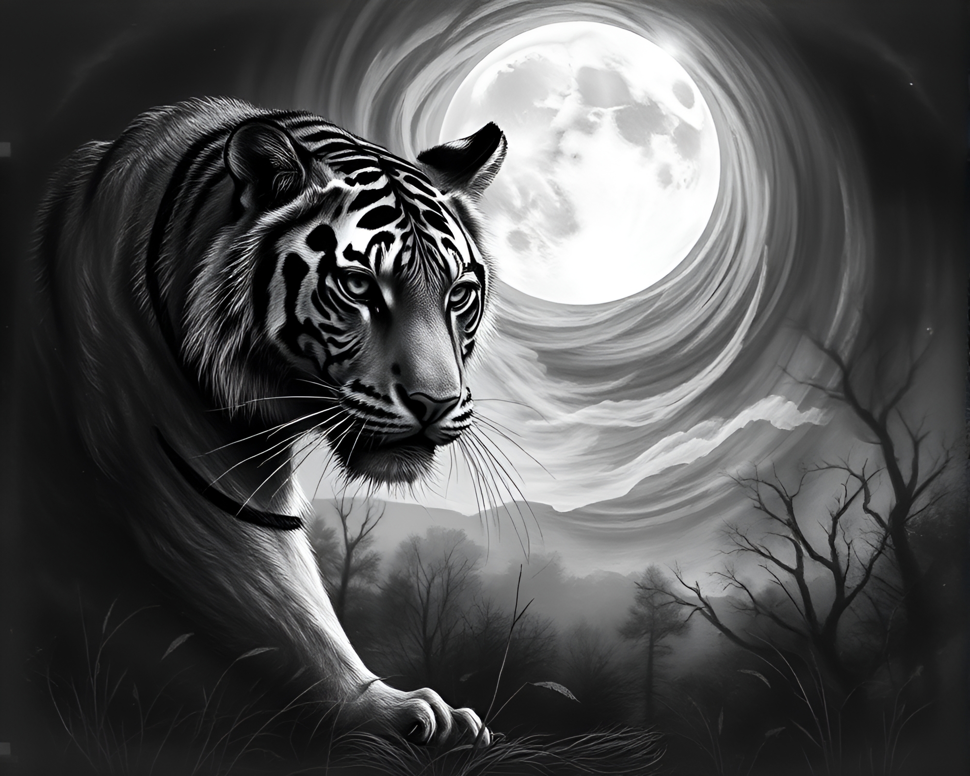 Swirling Lunar Landscape with Tiger Etching – free AI stock image