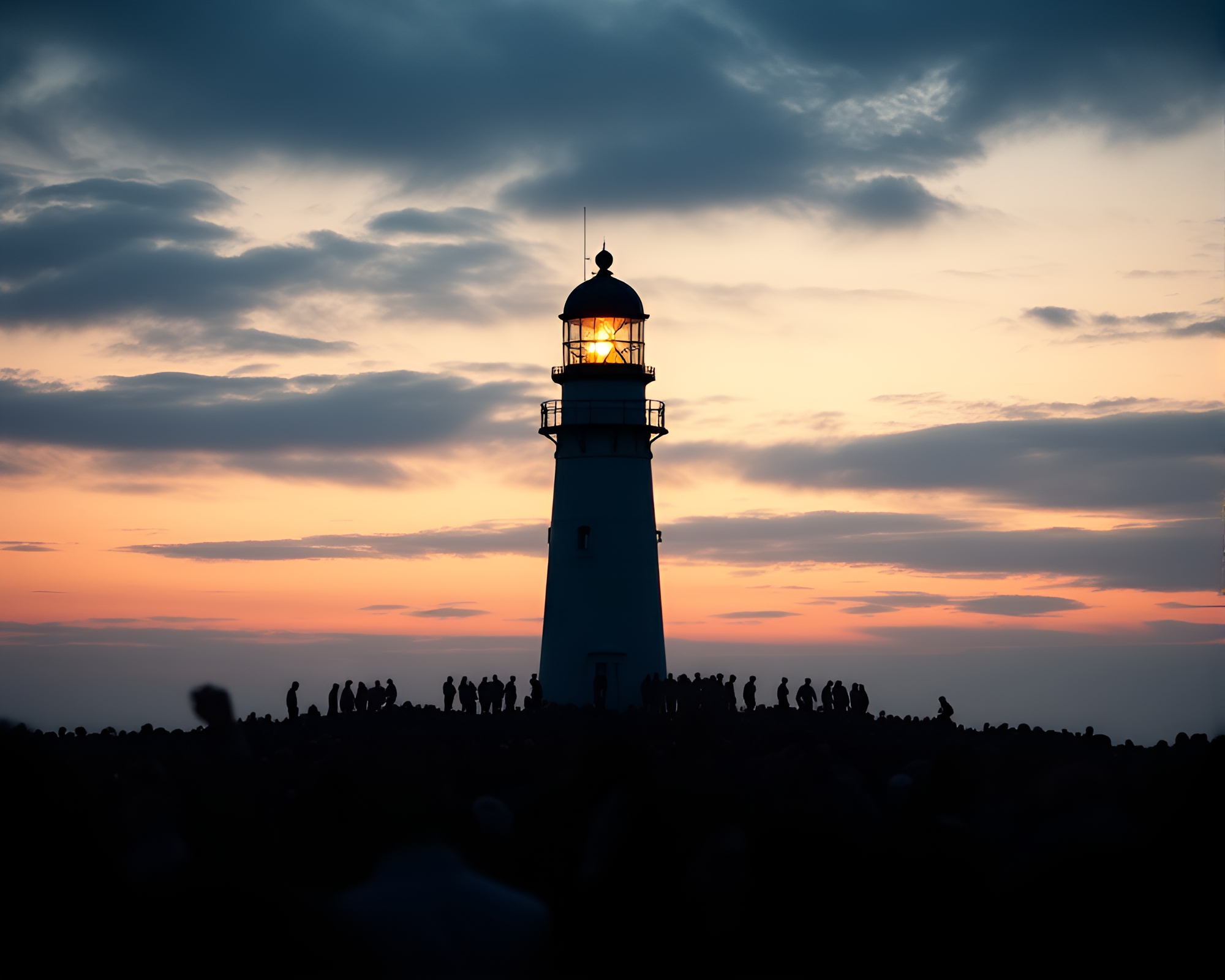Eerie Abandoned Lighthouse with Muted Silhouette Crowd – free AI stock image