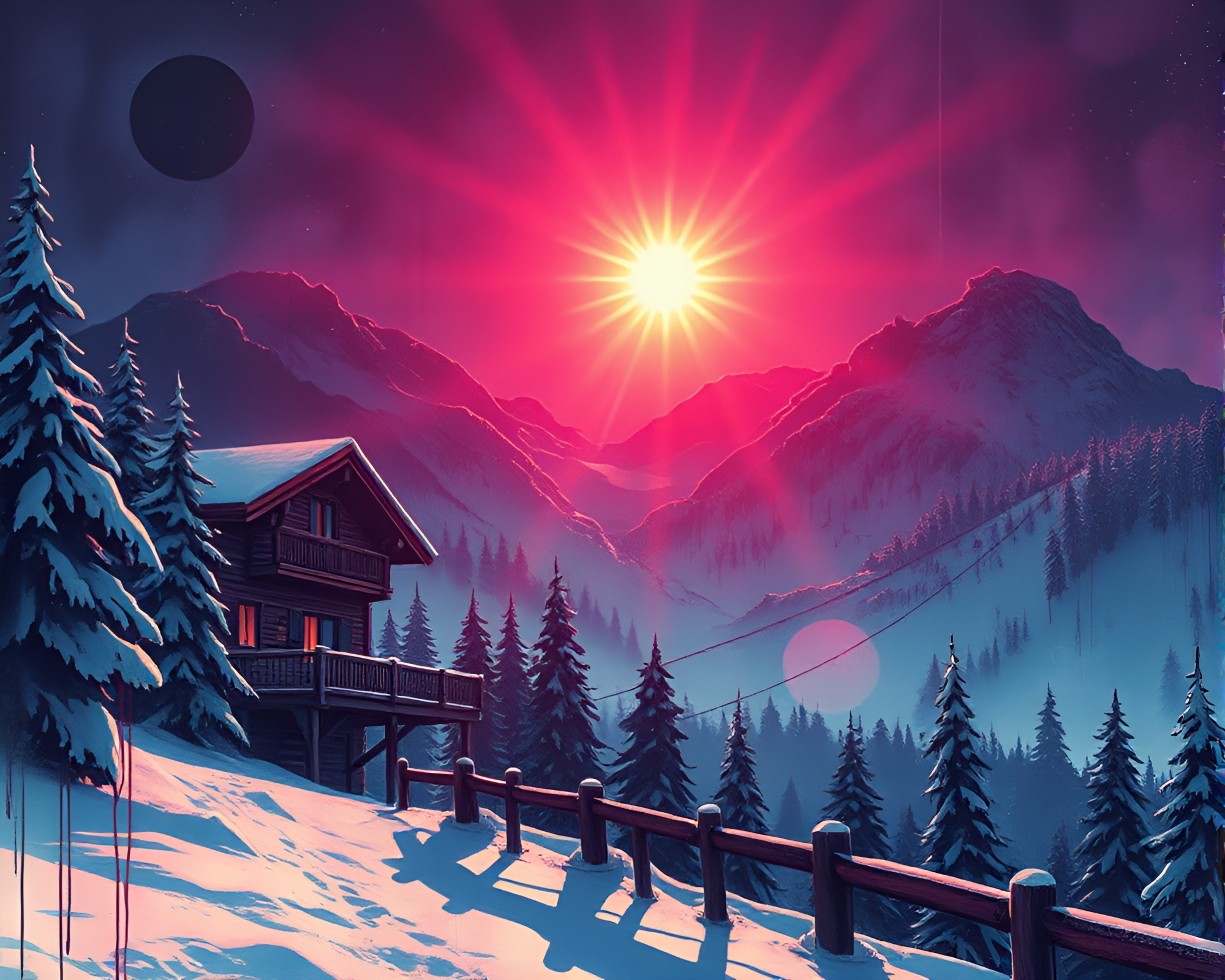 Alpine Chalet Synthwave Solar Flare Ink Wash Drips – free AI stock image