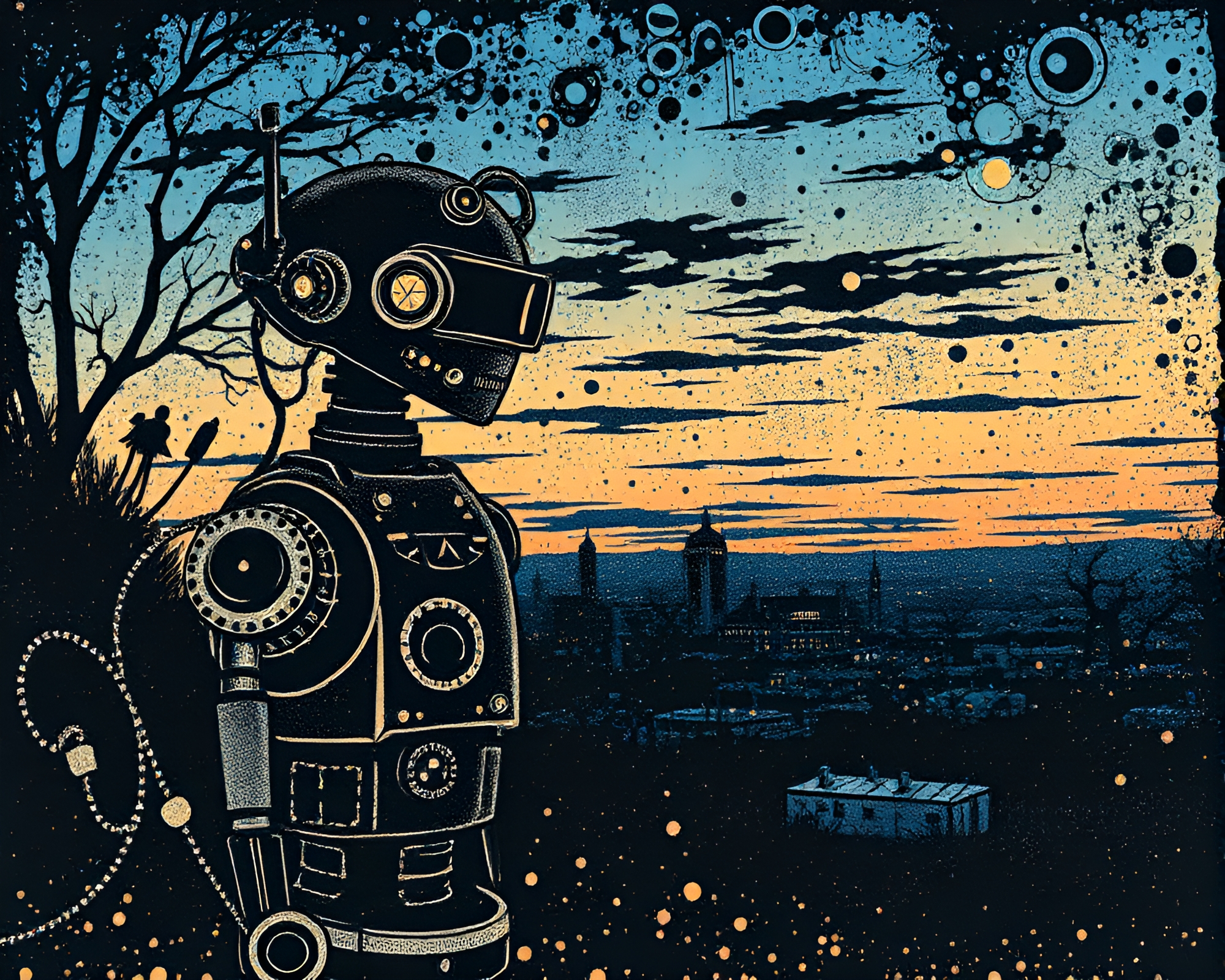 Twilight Steampunk Robot in Fractal Linocut Texture – free AI stock image