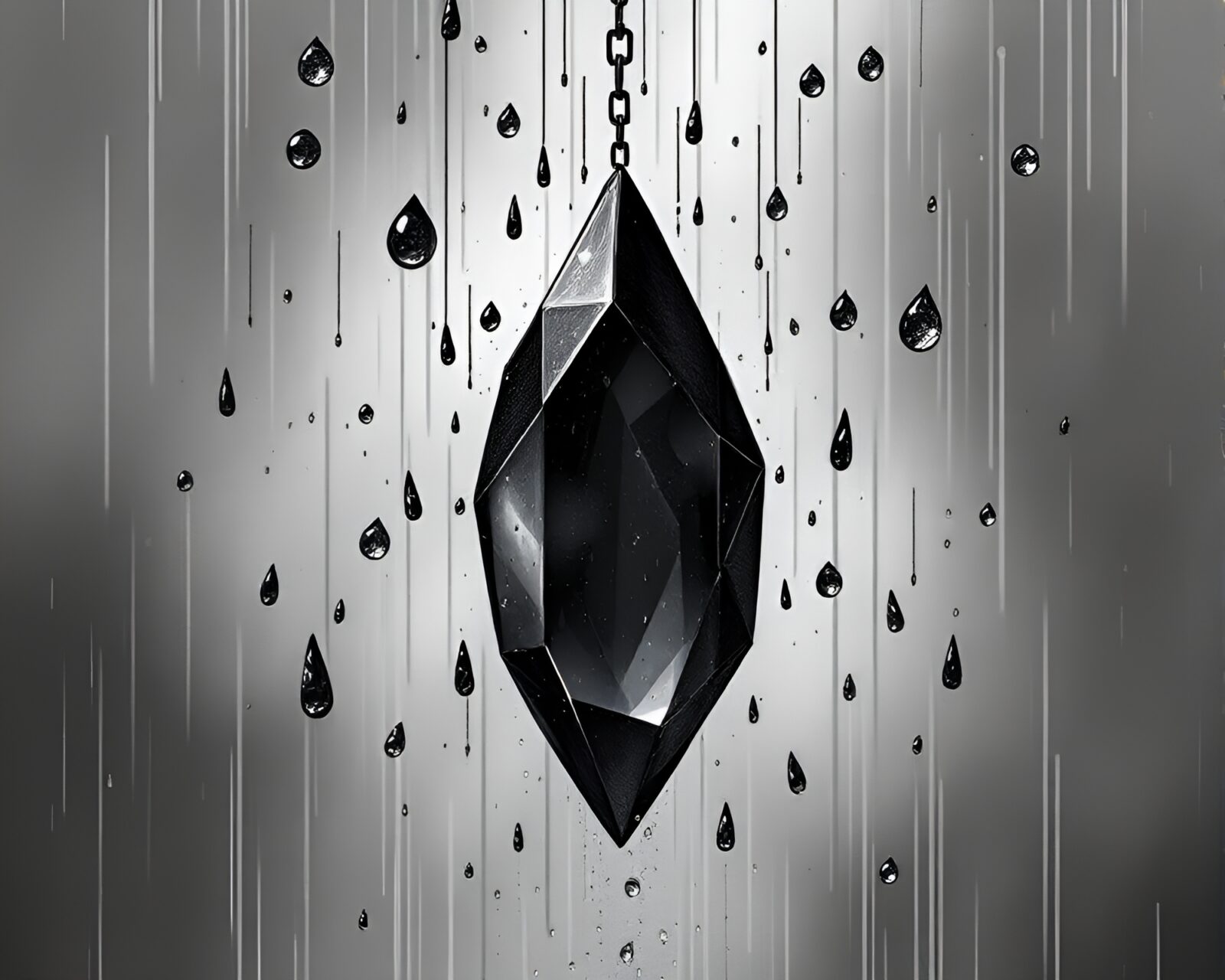 Illustration of floating crystal amidst rain droplets in steampunk style