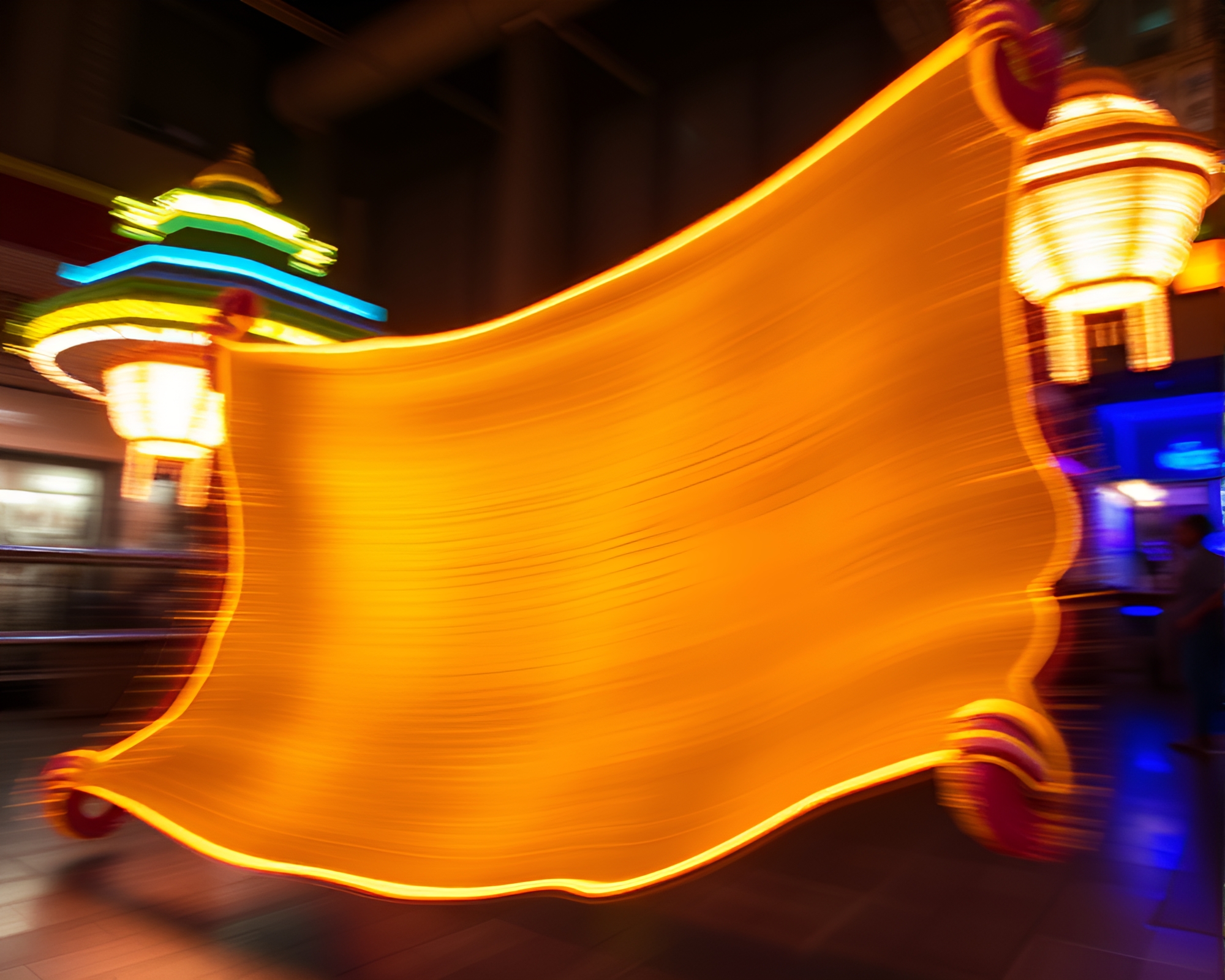 Ancient Scroll Illuminated by Neon Lights in Motion – free AI stock image
