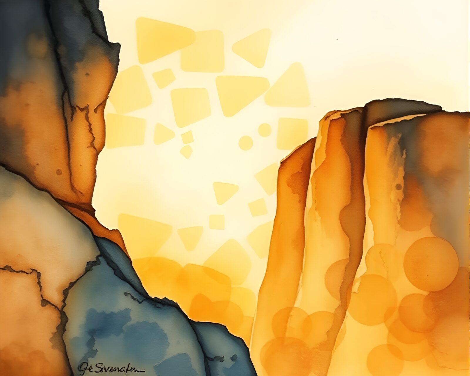 Watercolor artwork of a cliff overlooking a golden savannah