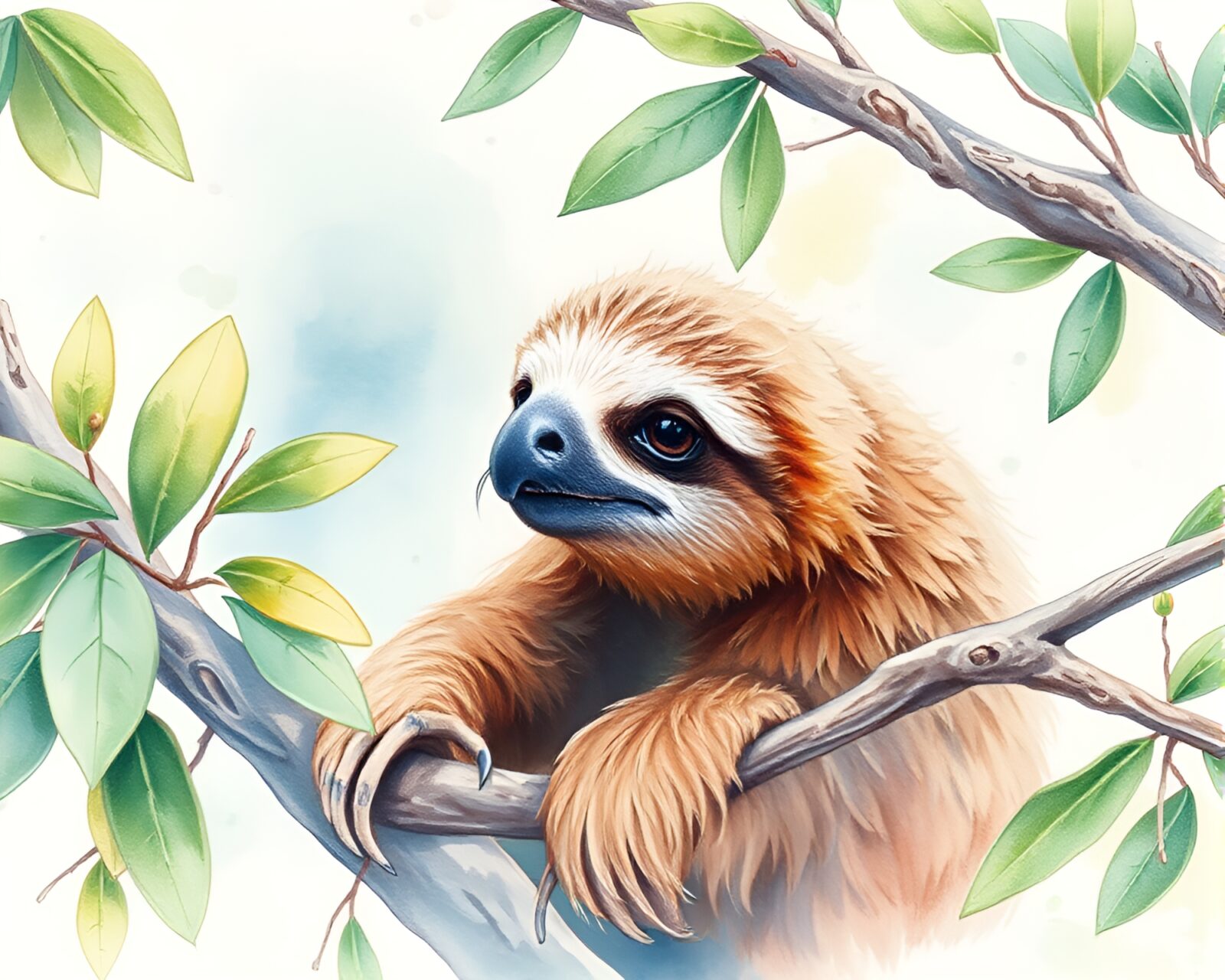 A pastel drawing of a sloth peacefully resting atop a tree, under a watercolor sky.