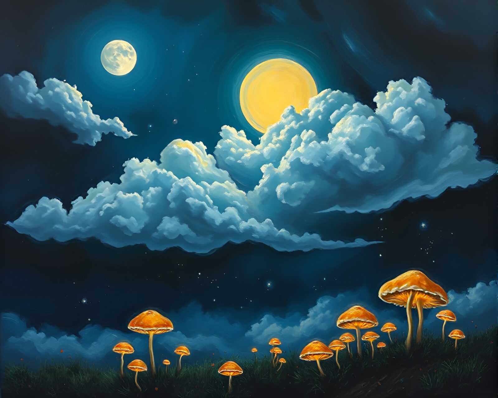 Moonlit night sky with glowing fungal bioluminescence in clouds