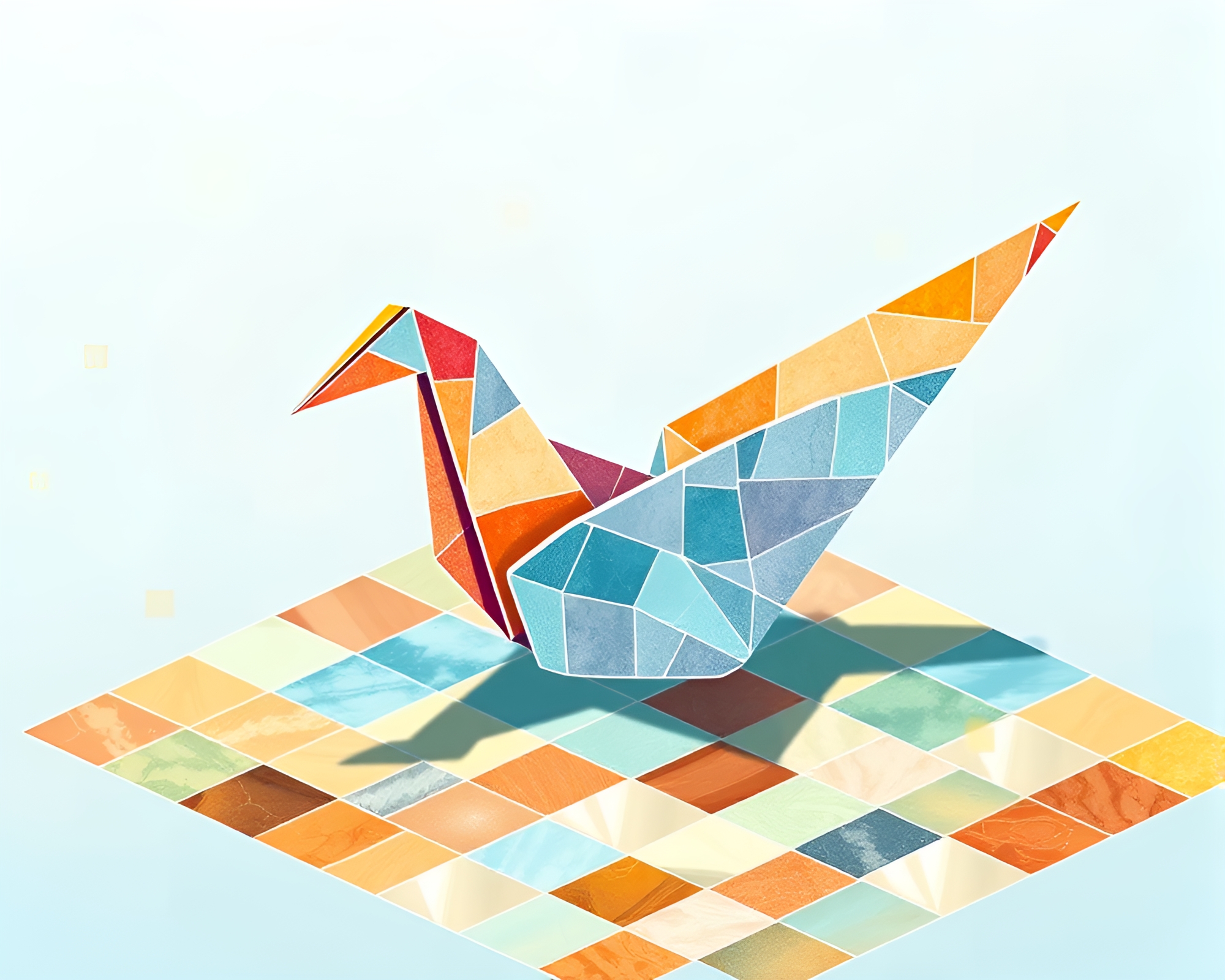 Ethereal Origami Crane Isometric Mosaic Art – free AI stock image